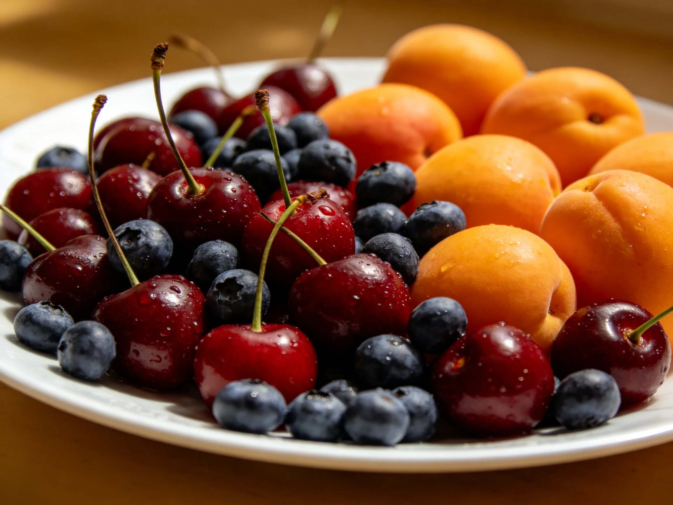 A plate with dark cherries, blueberries, and apricots