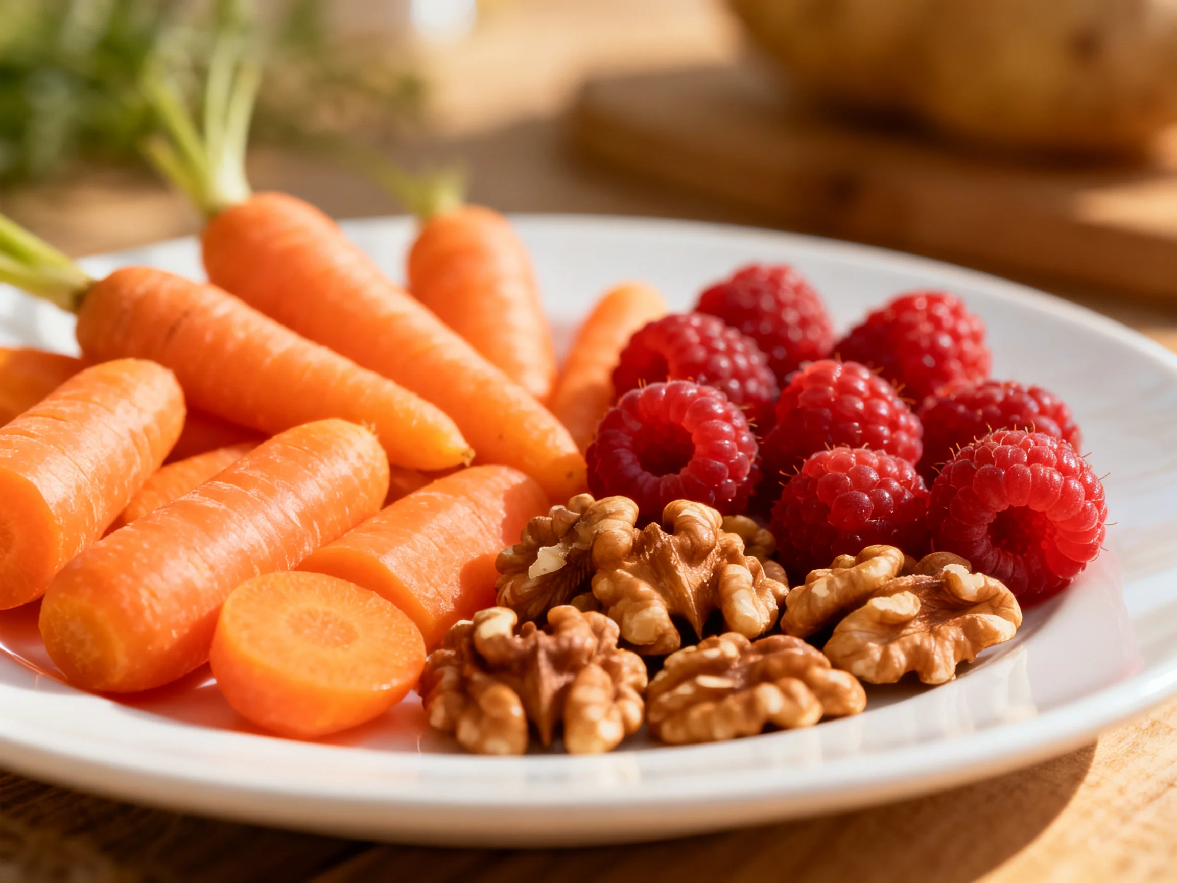 A plate with orange carrots, red raspberries, and brown walnuts