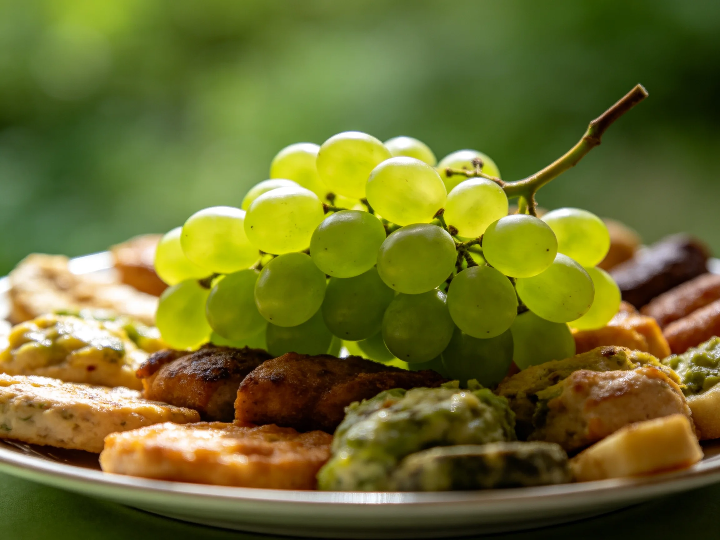 A platter of assorted snacks centered by a bunch of fresh green grapes