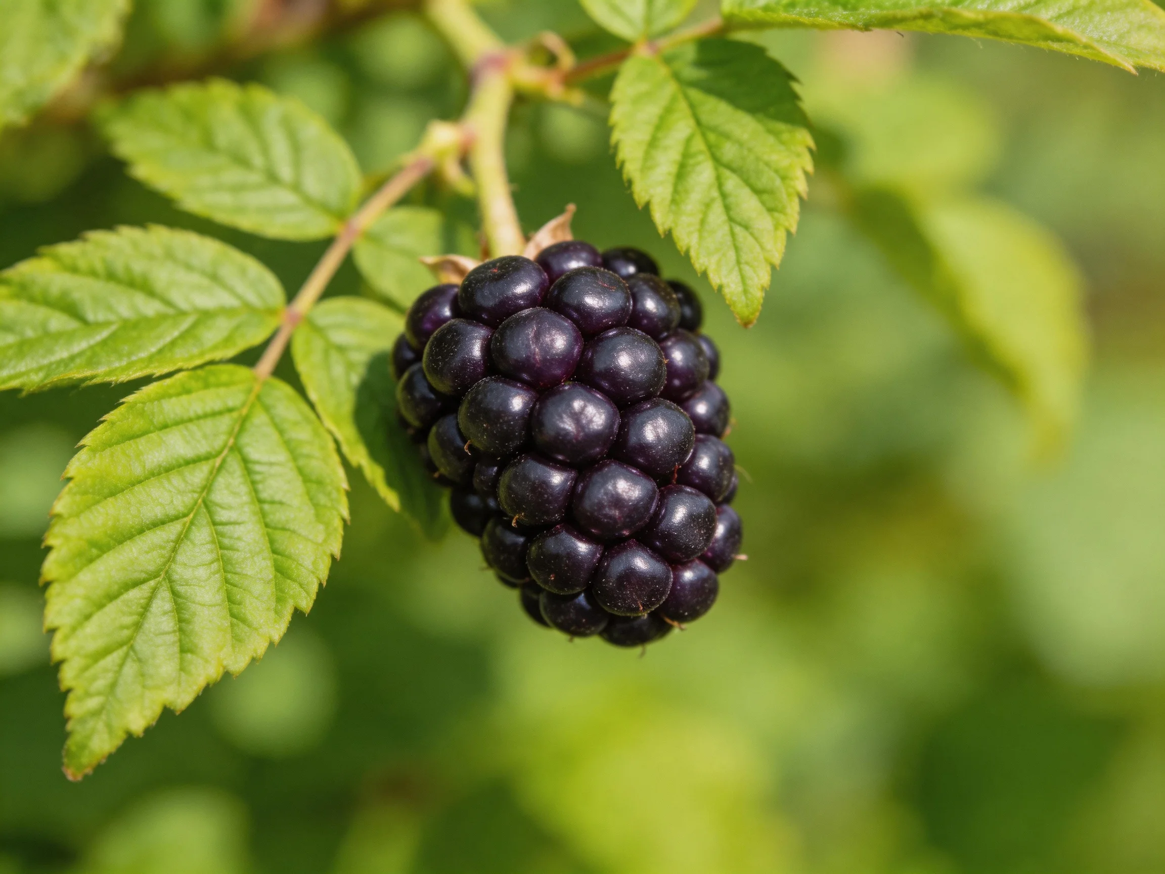 A plump, dark purple blackberry hangs among vibrant green leaves