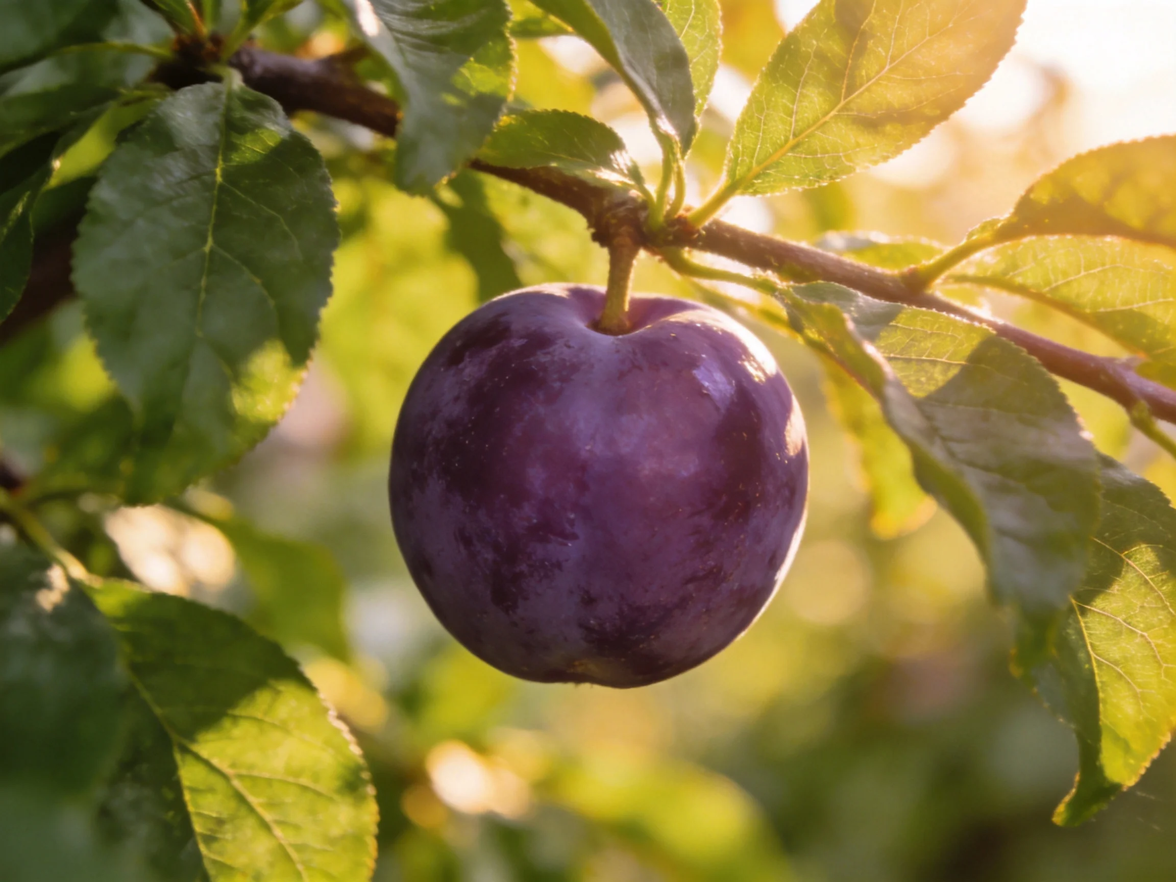A plump deep-purple plum hangs from a leafy branch in sunlight