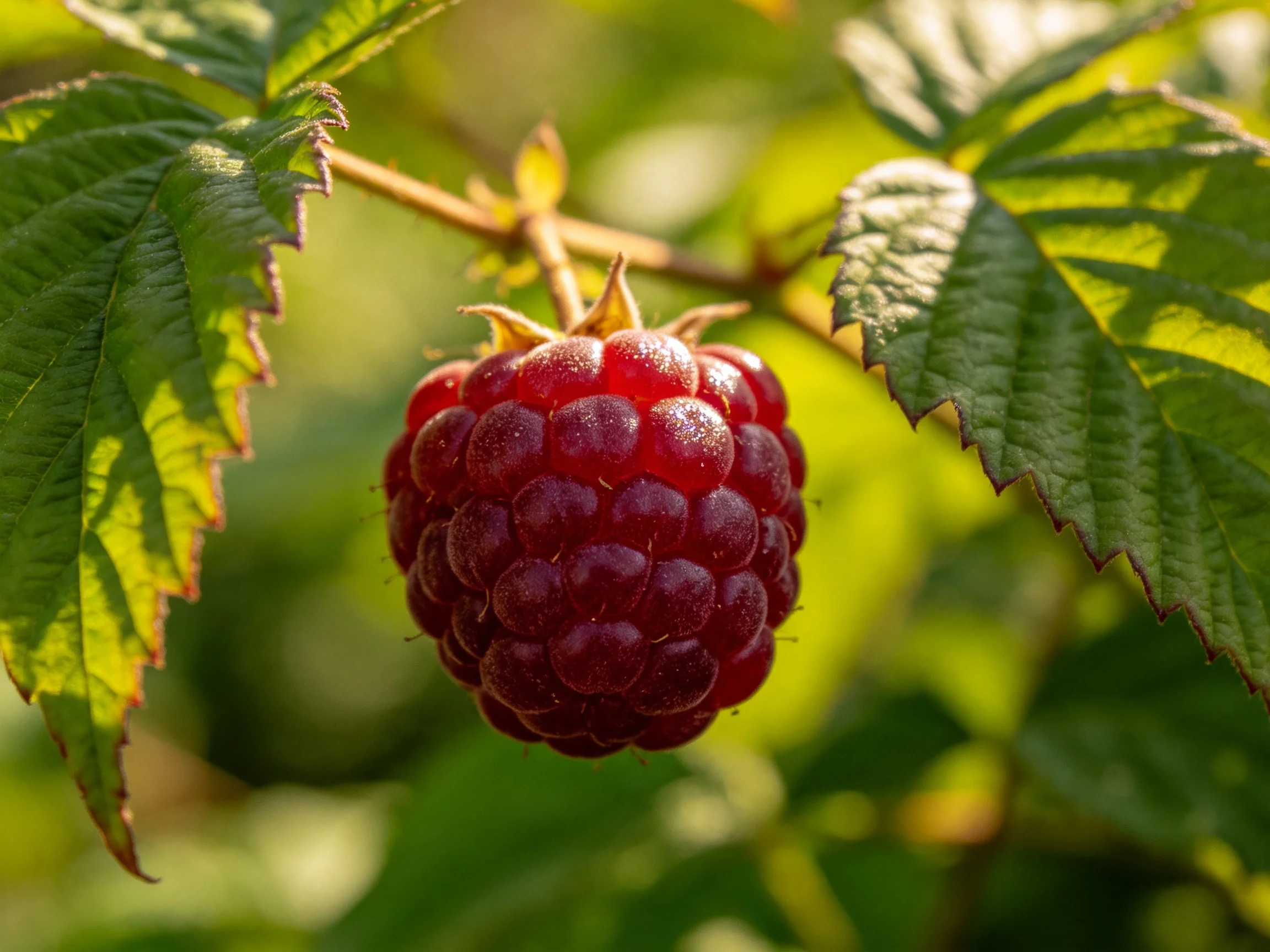 A plump, deep-red raspberry hangs among vibrant green leaves