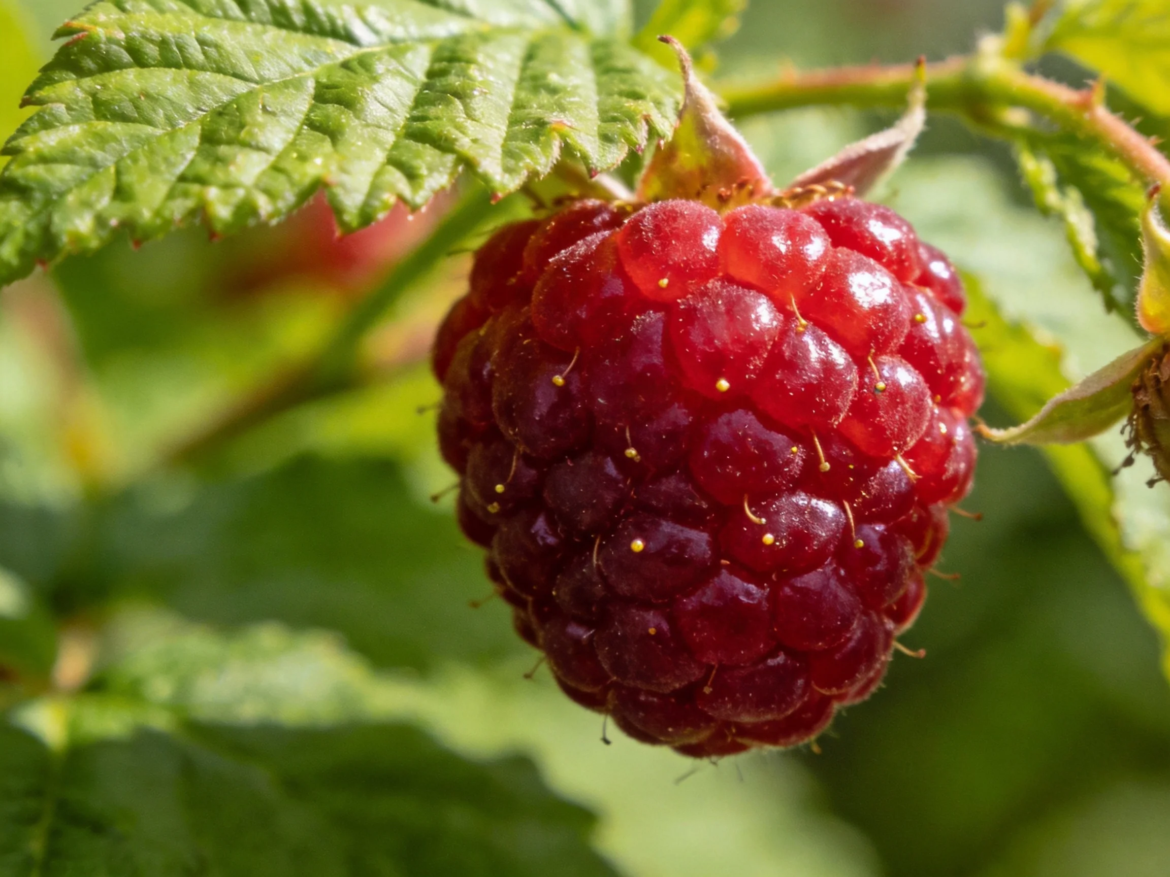 A plump, deep-red raspberry hangs from leafy branches