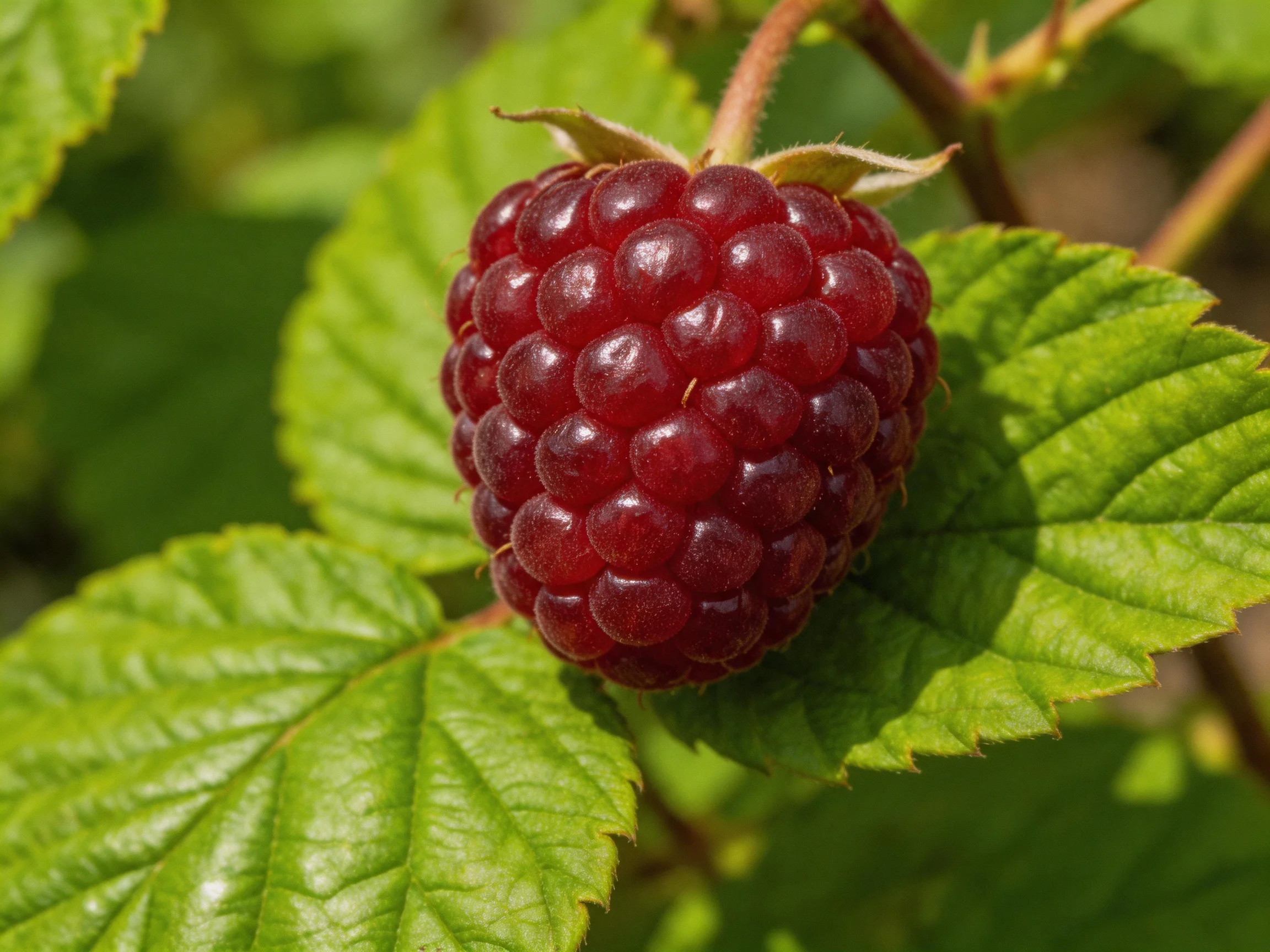 A plump, deep-red raspberry surrounded by lush green foliage