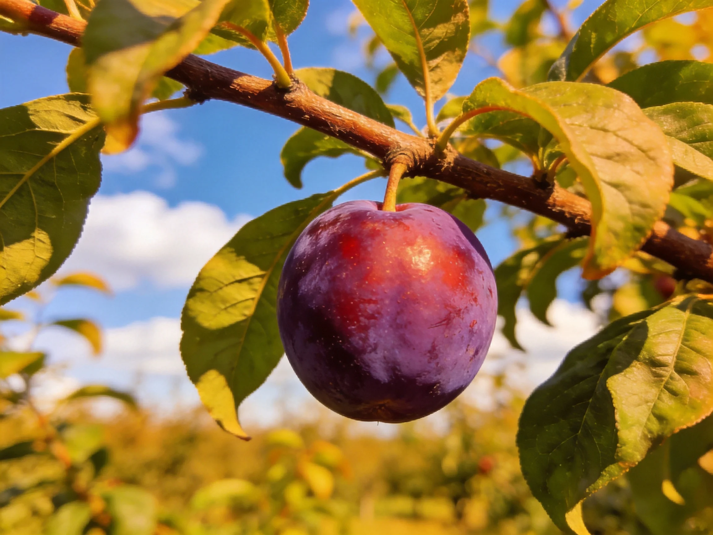 A plump purple-red plum hangs from a tree branch amid green foliage