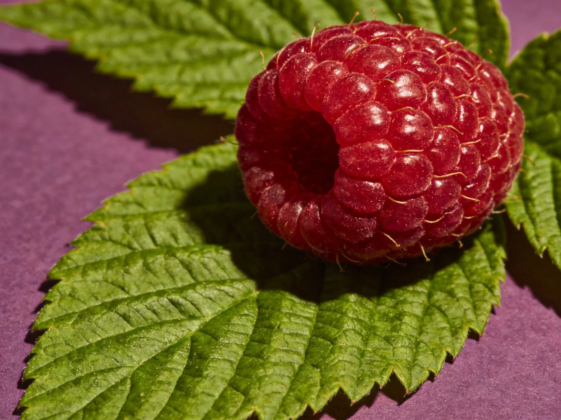 A plump raspberry rests on two large green leaves against a purple background
