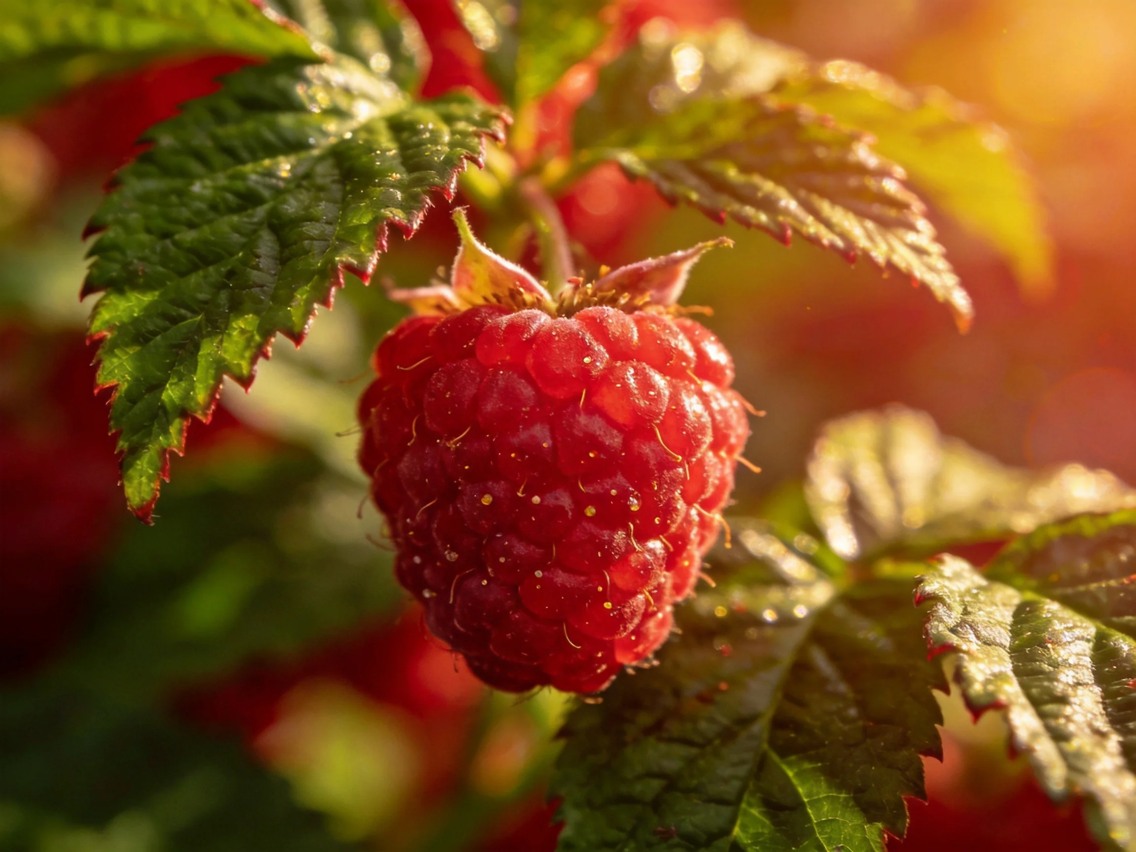 A plump red raspberry hangs among vibrant green leaves under golden sunlight