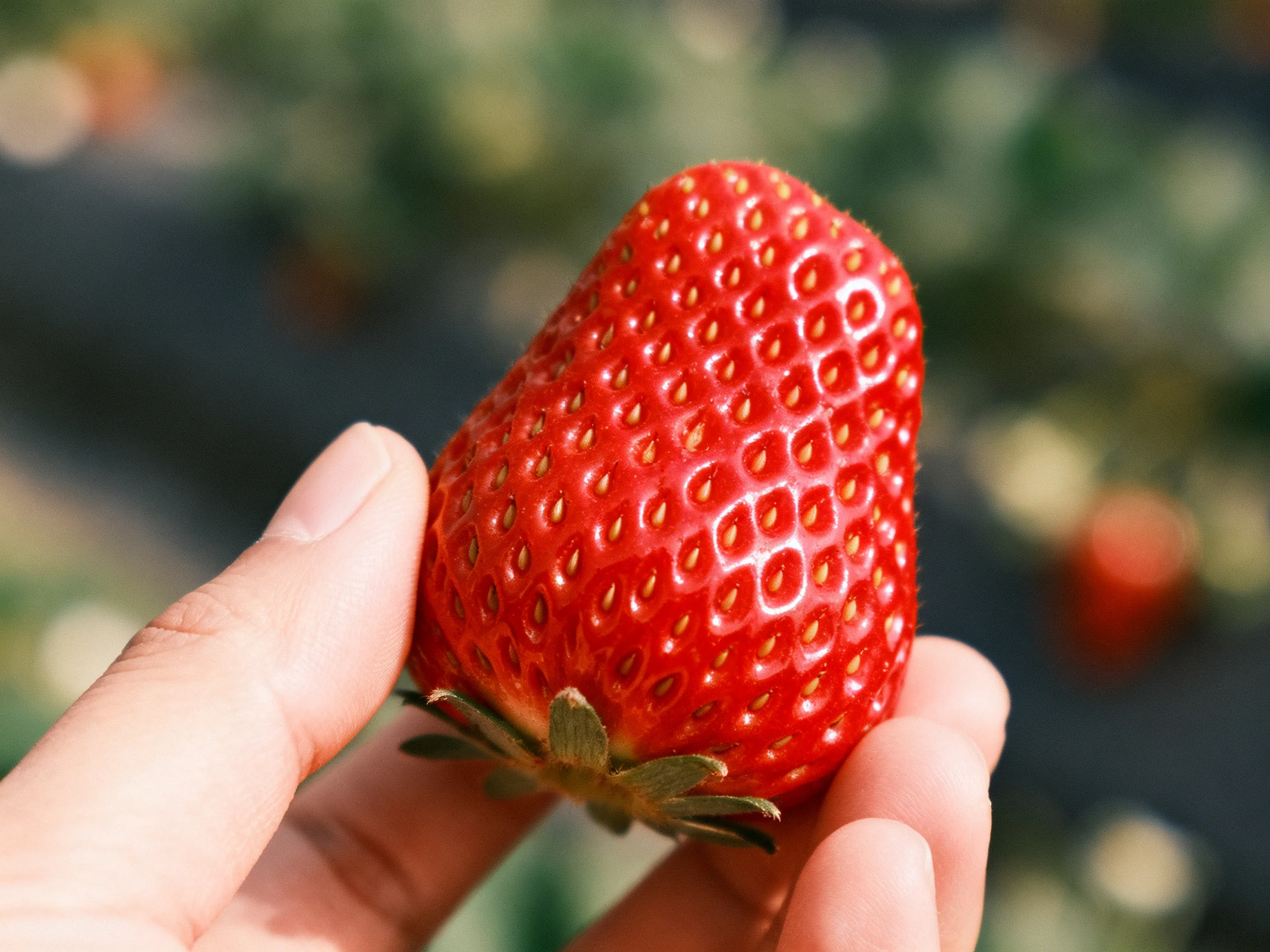 A plump red strawberry held carefully by fingers with blurred green backdrop