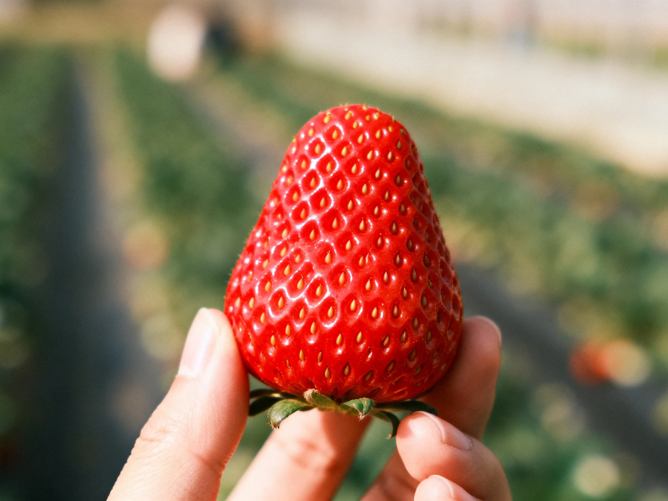 A plump red strawberry held up in a sunlit green field