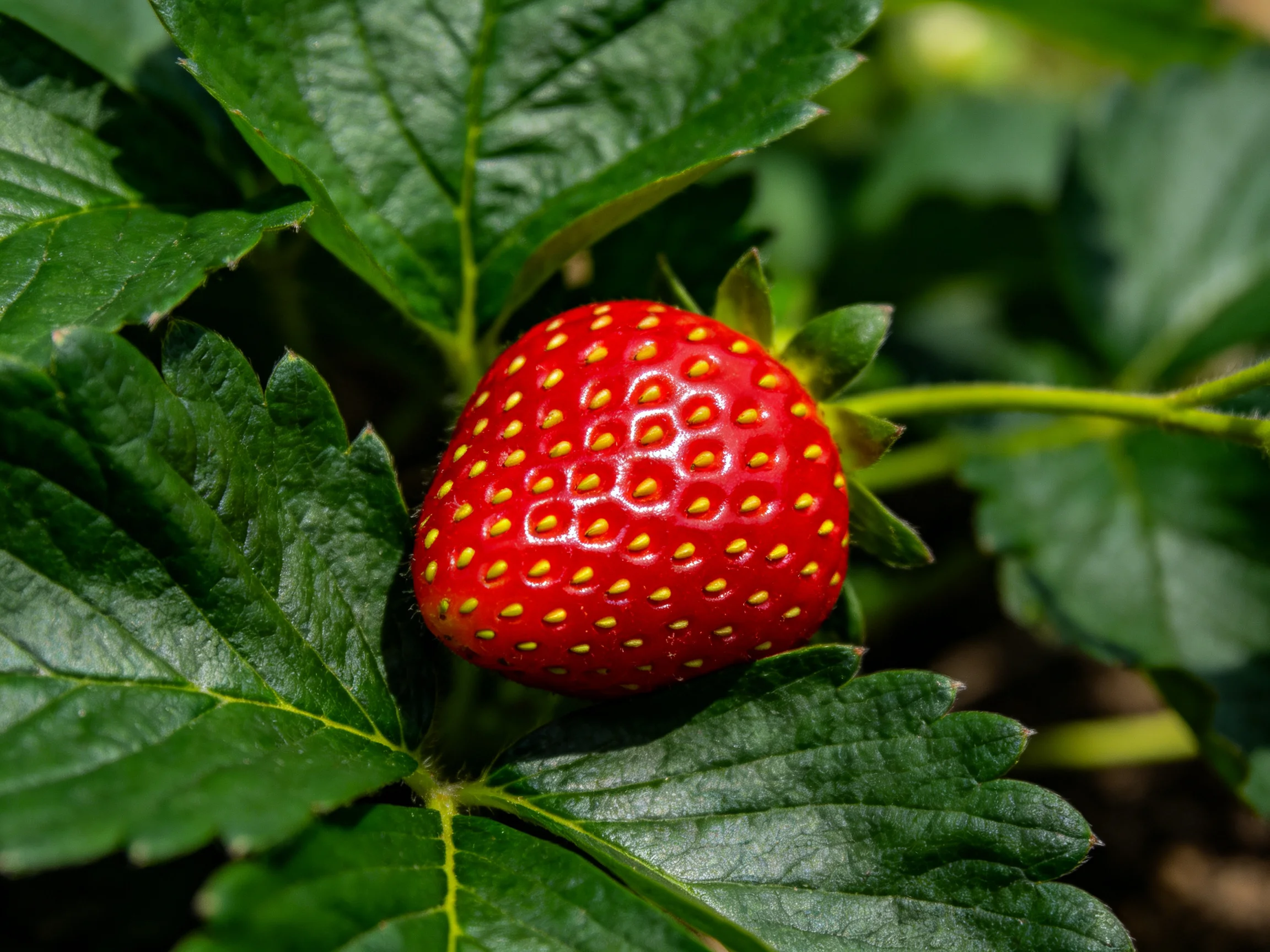 A plump red strawberry nestled among large green leaves