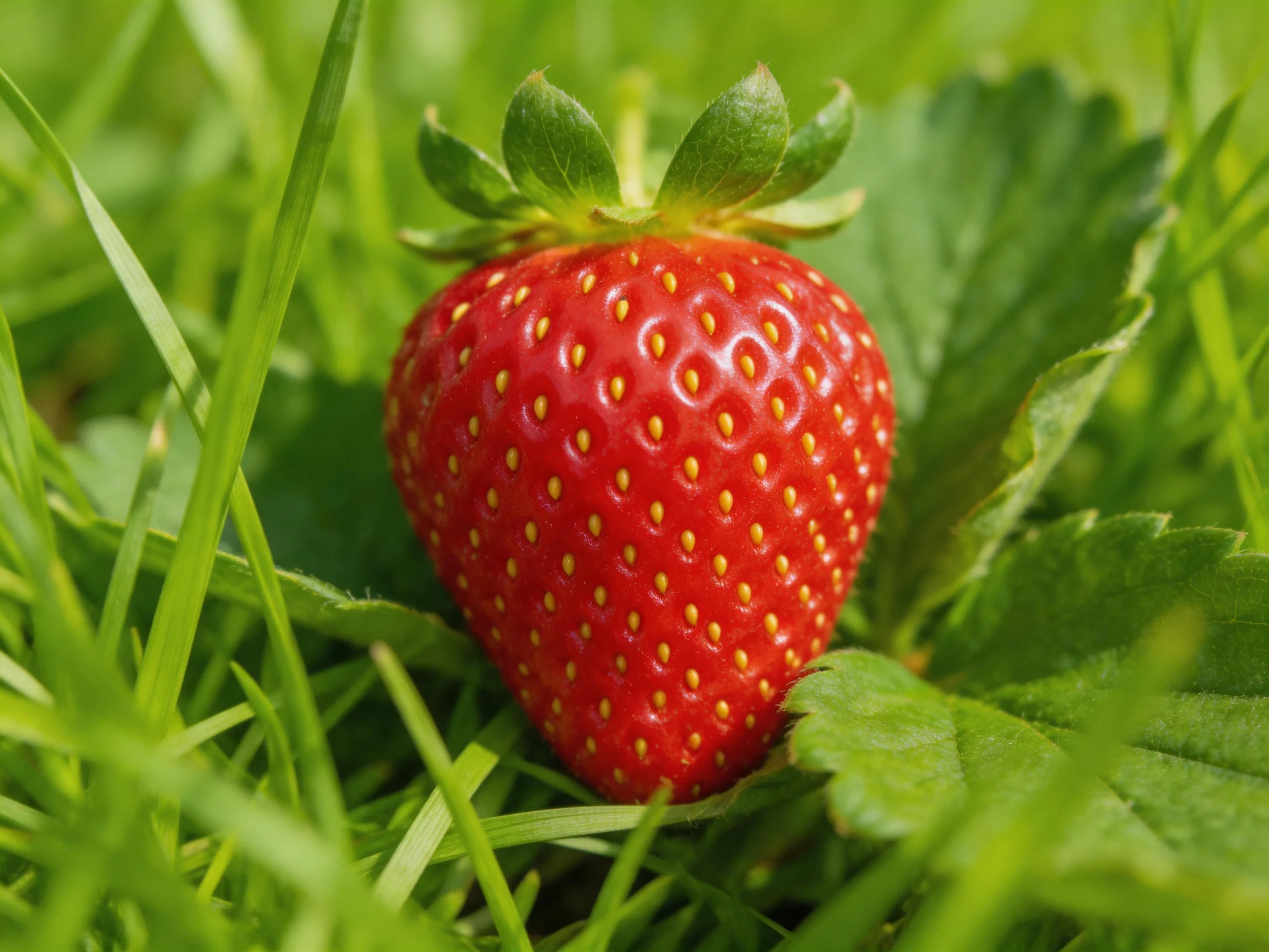 A plump red strawberry nestled in lush green grass and leaves