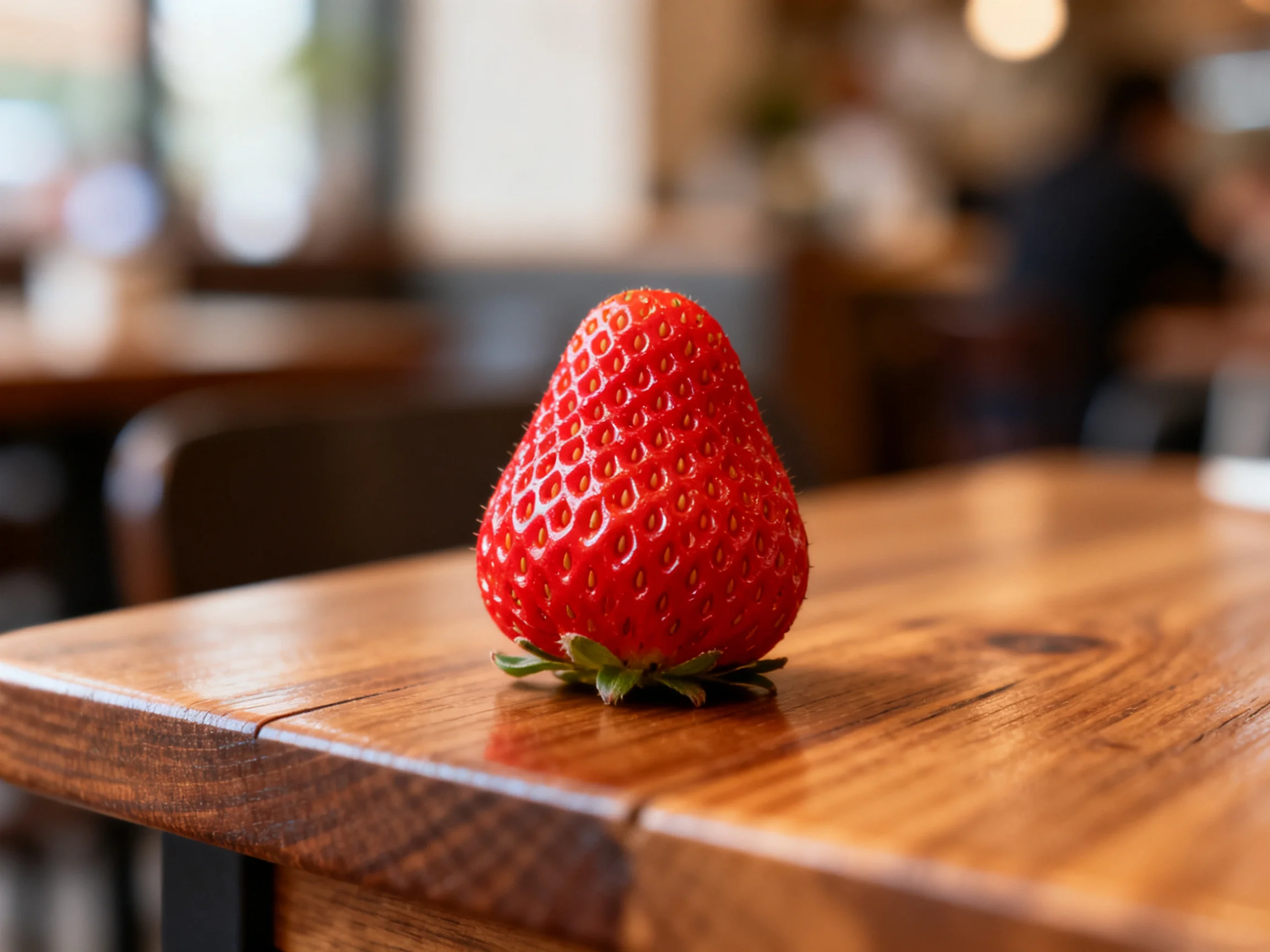 A plump red strawberry sits on a polished wooden table