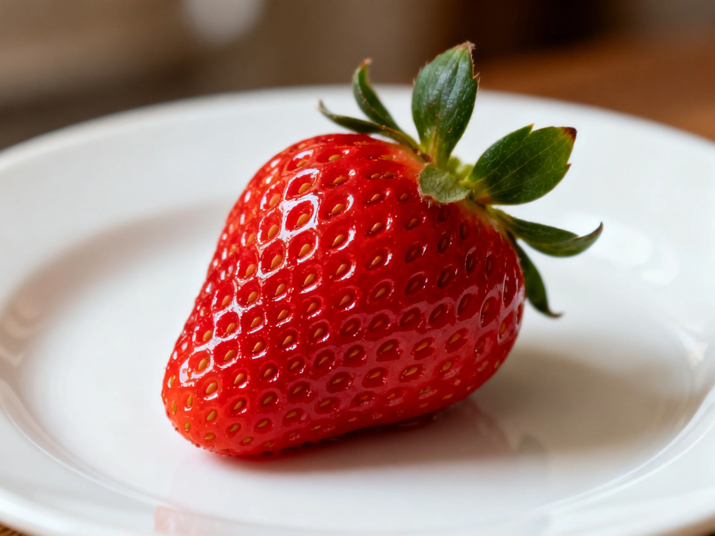 A plump red strawberry with green leaves on a white plate