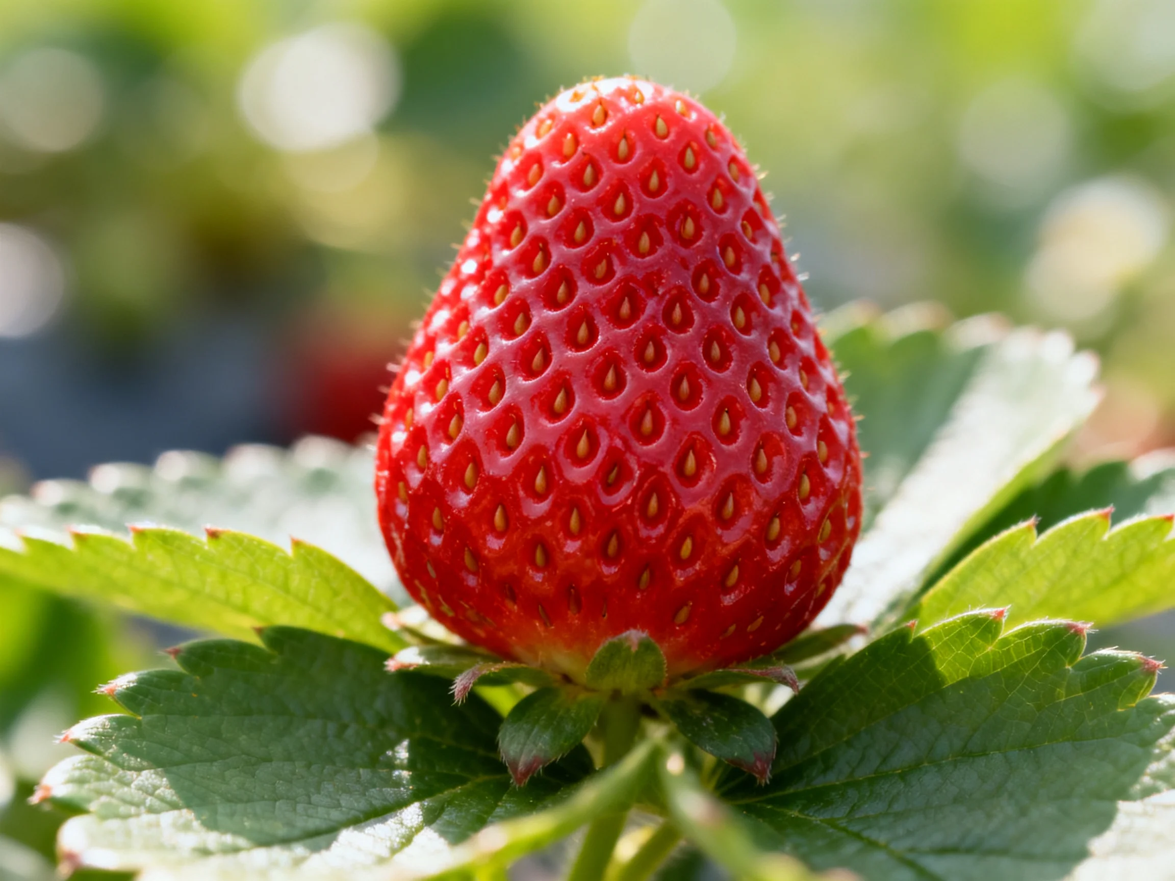 A plump red strawberry with textured seeds and green foliage