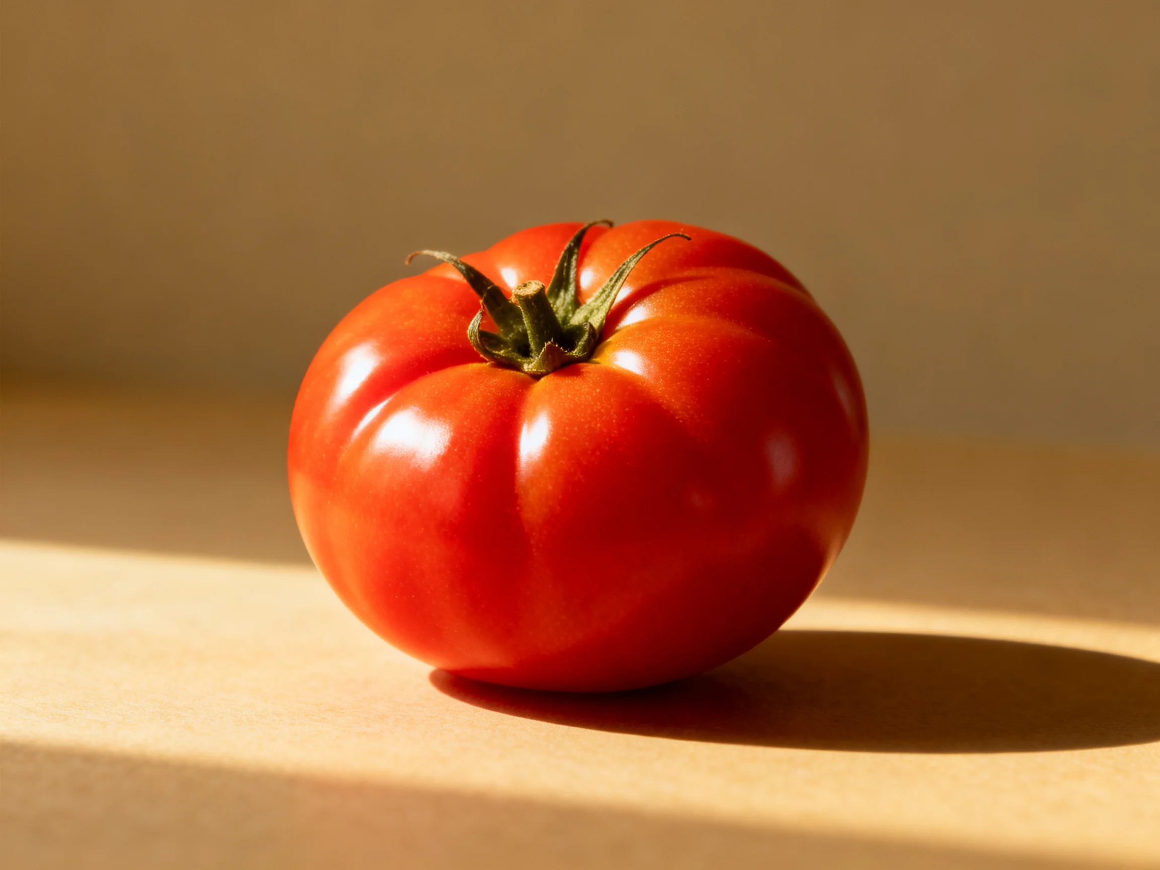 A plump red tomato sits on a smooth beige surface