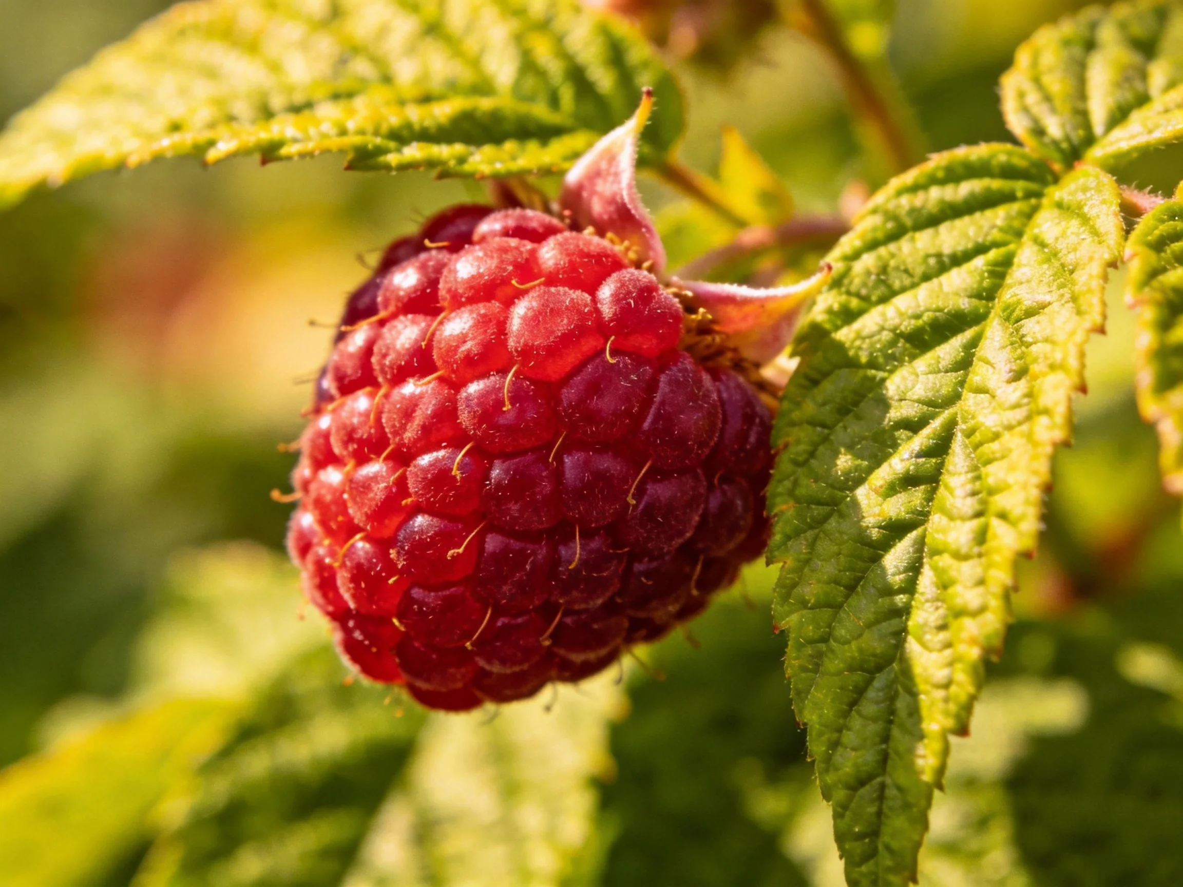 A plump, vibrant raspberry hangs among lush green leaves