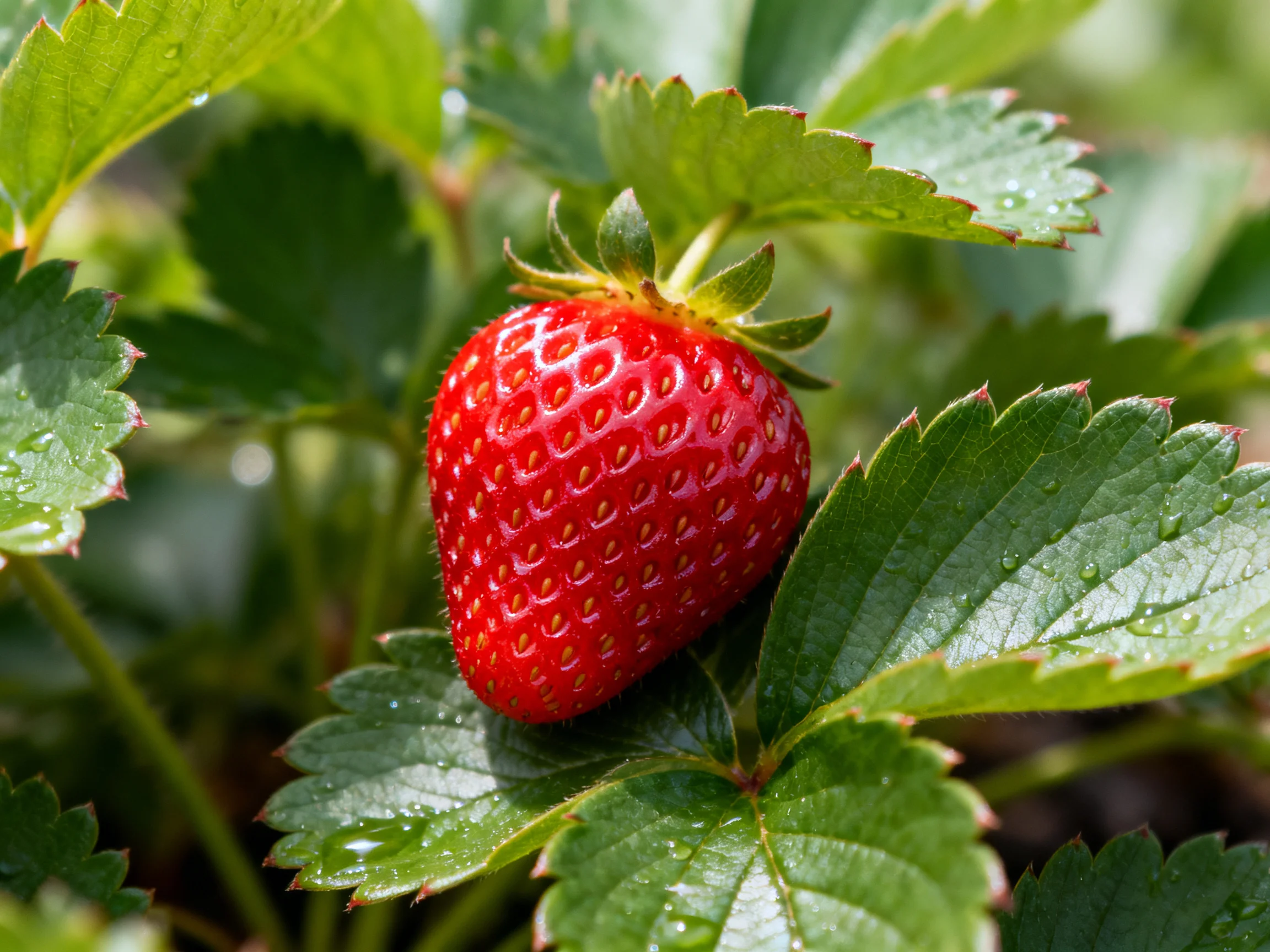 A plump, vibrant red strawberry nestled among lush green leaves