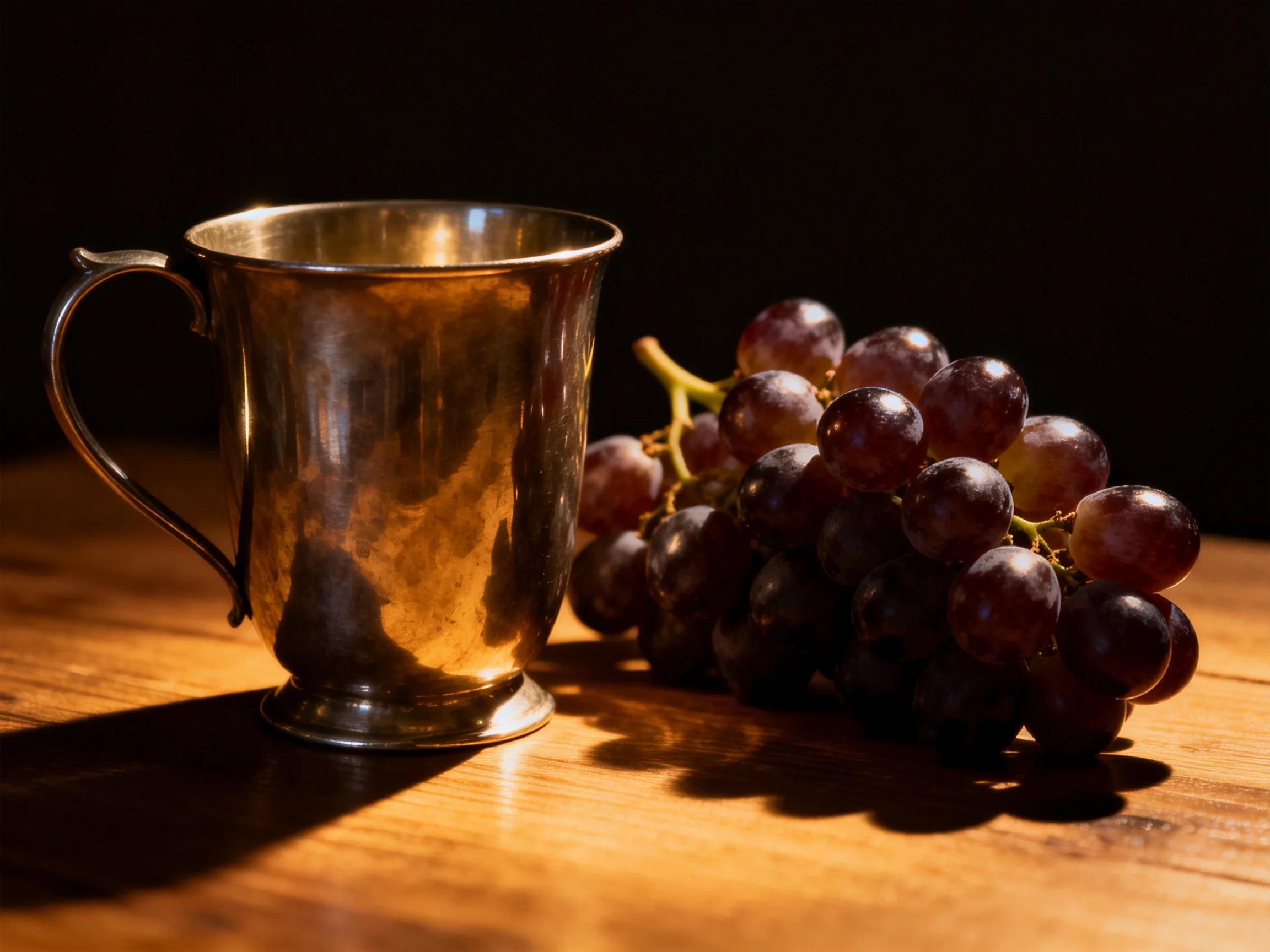 A polished silver cup beside a cluster of dark purple grapes on a wooden surface