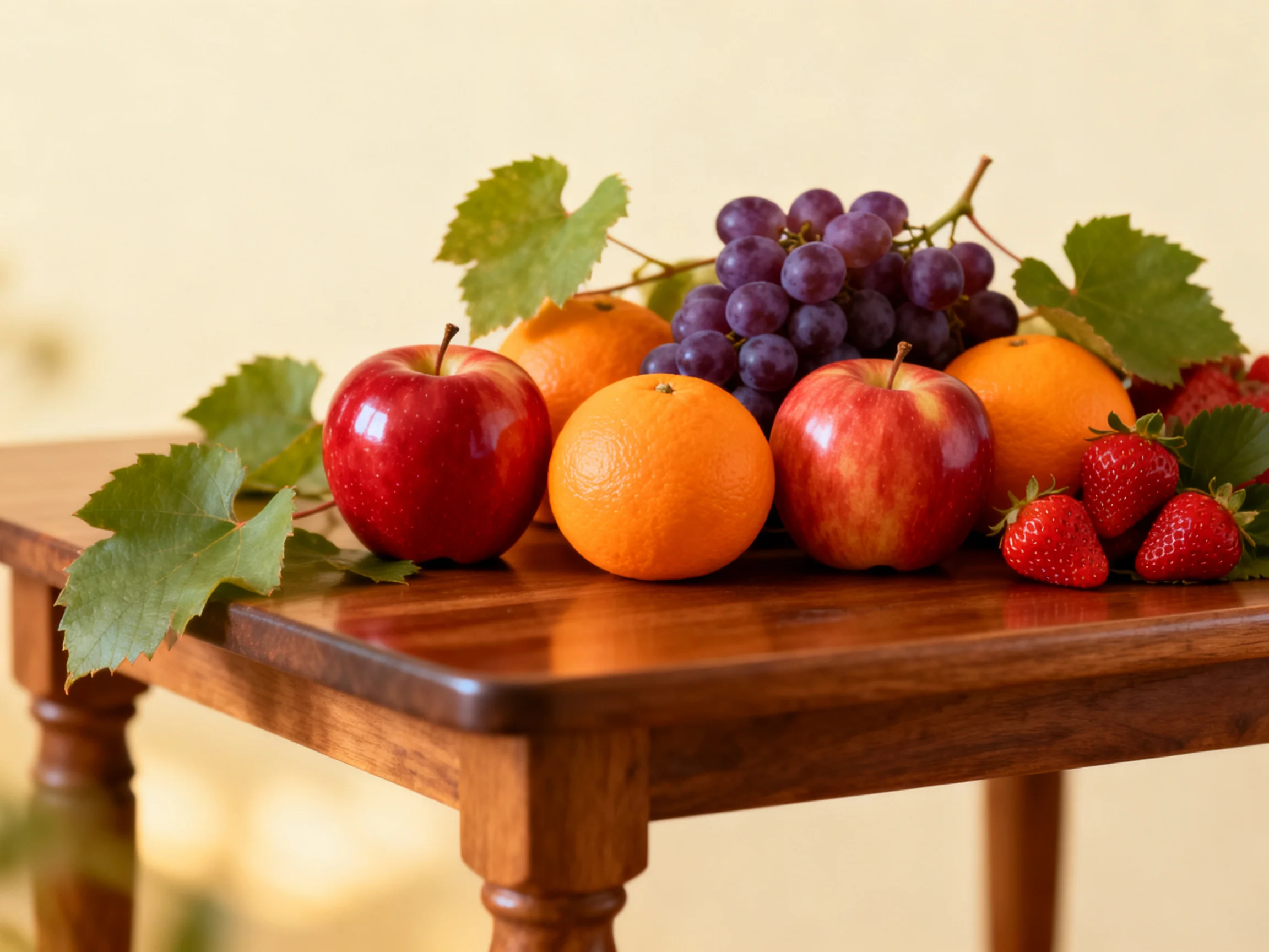 A polished wooden table displays an assortment of colorful fruits