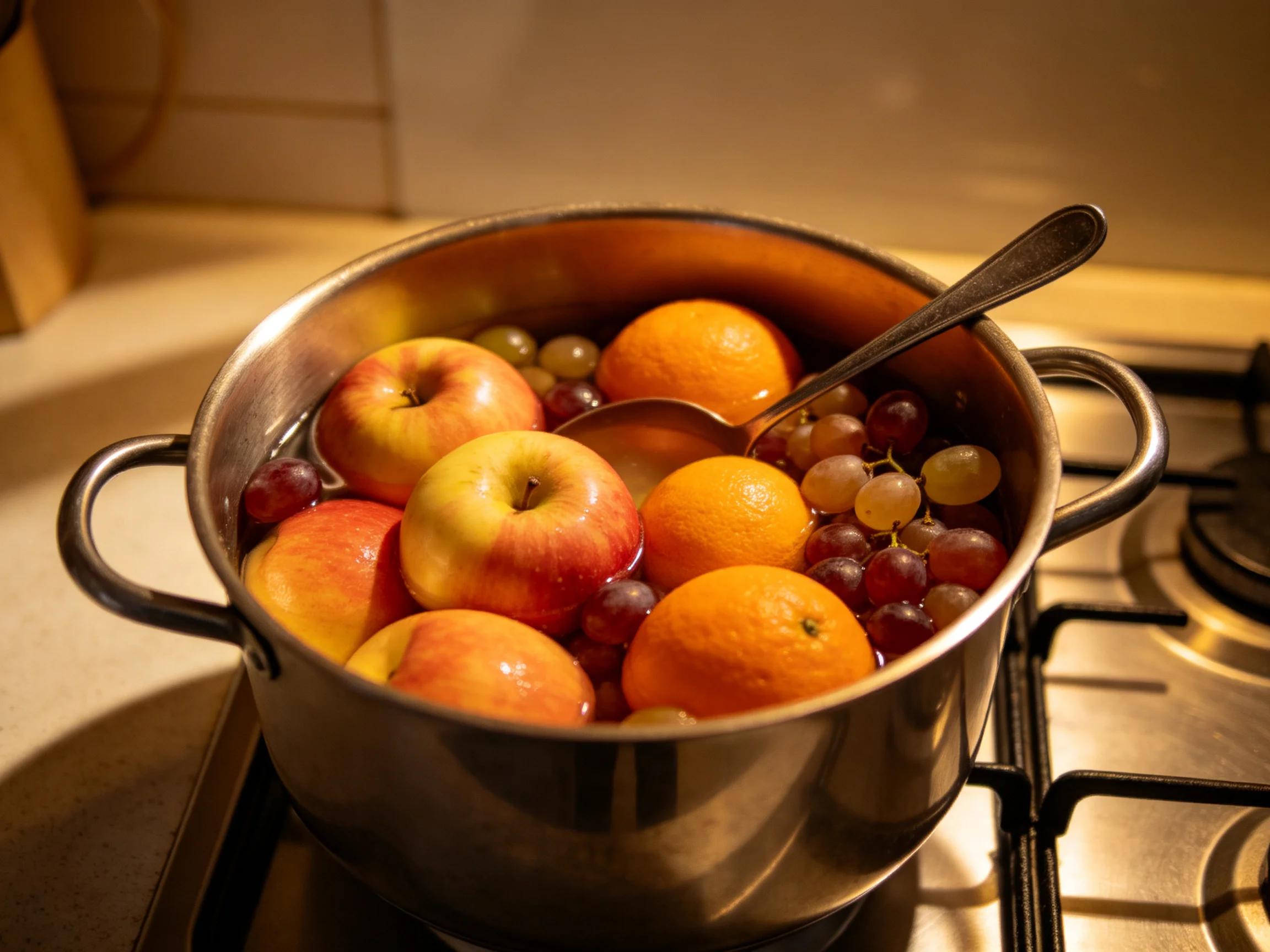 A pot of assorted fruits including apples, oranges, and grapes on a stove
