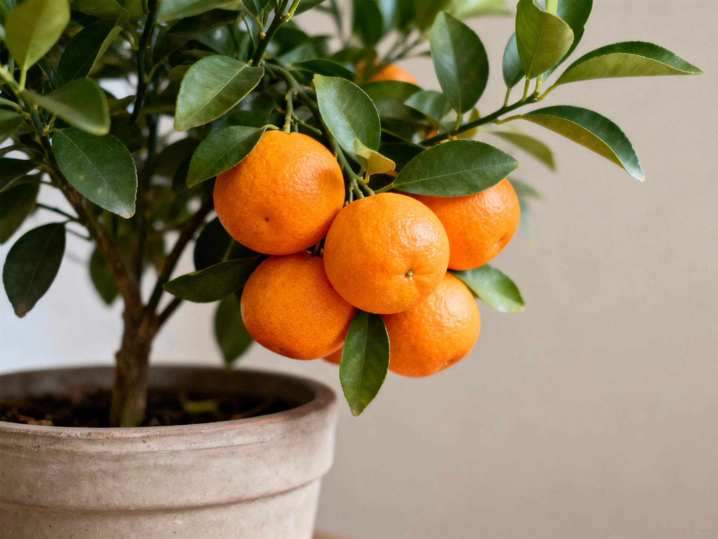 A potted citrus tree bears five vibrant oranges with glossy green leaves