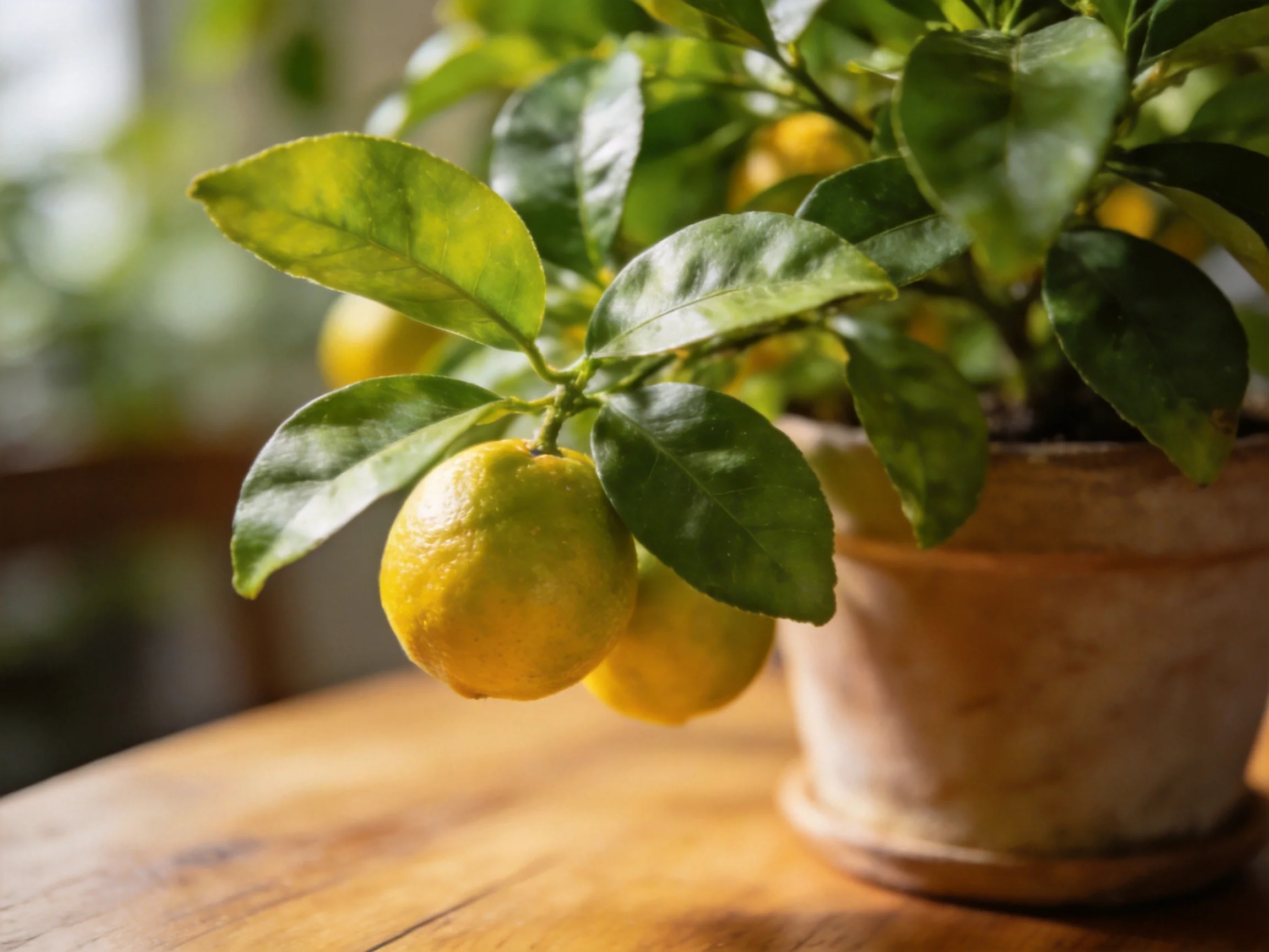 A potted lemon tree with vibrant green leaves and yellow fruits on a wooden table