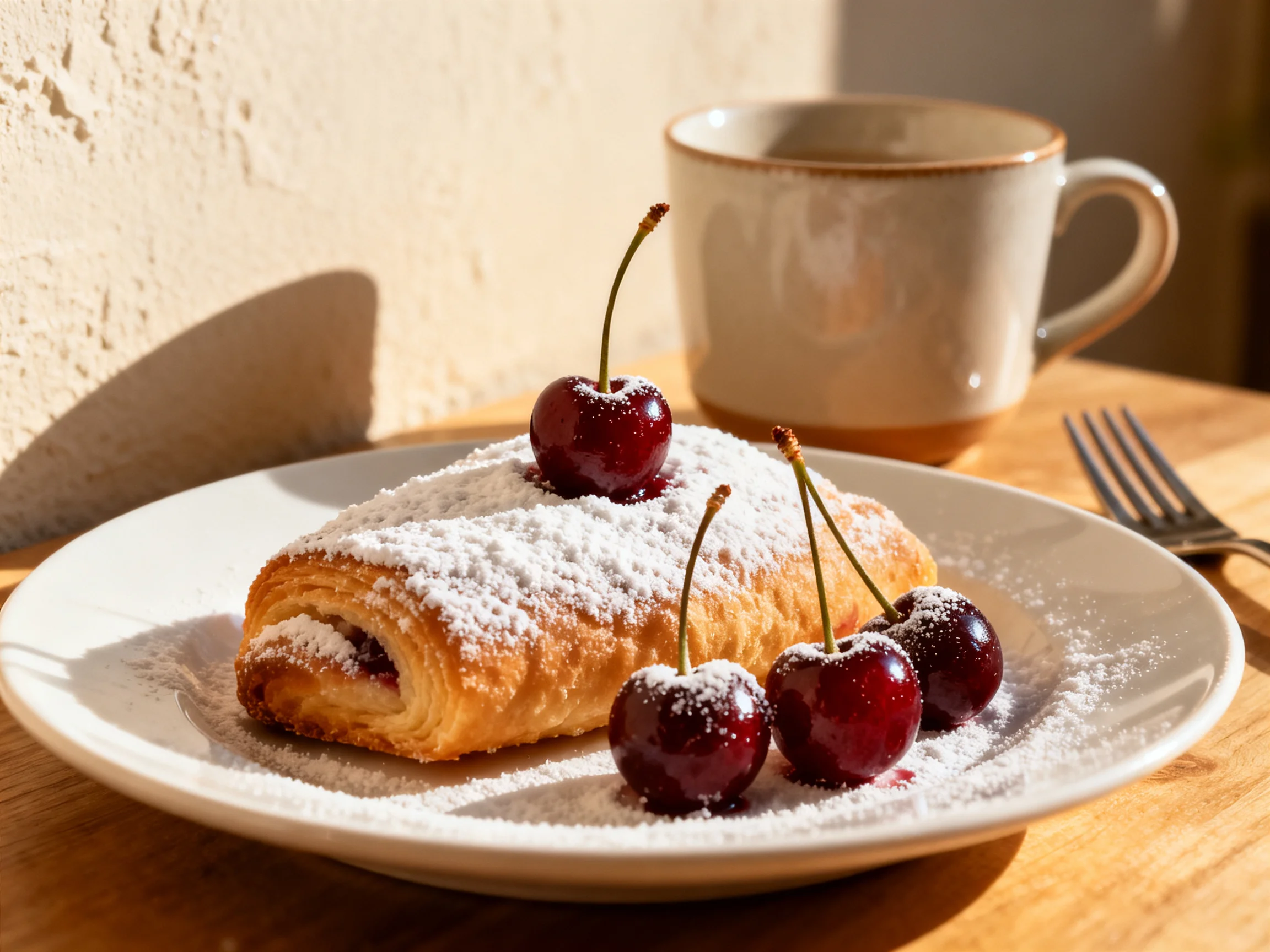 A powdered pastry with fresh cherries and a ceramic mug