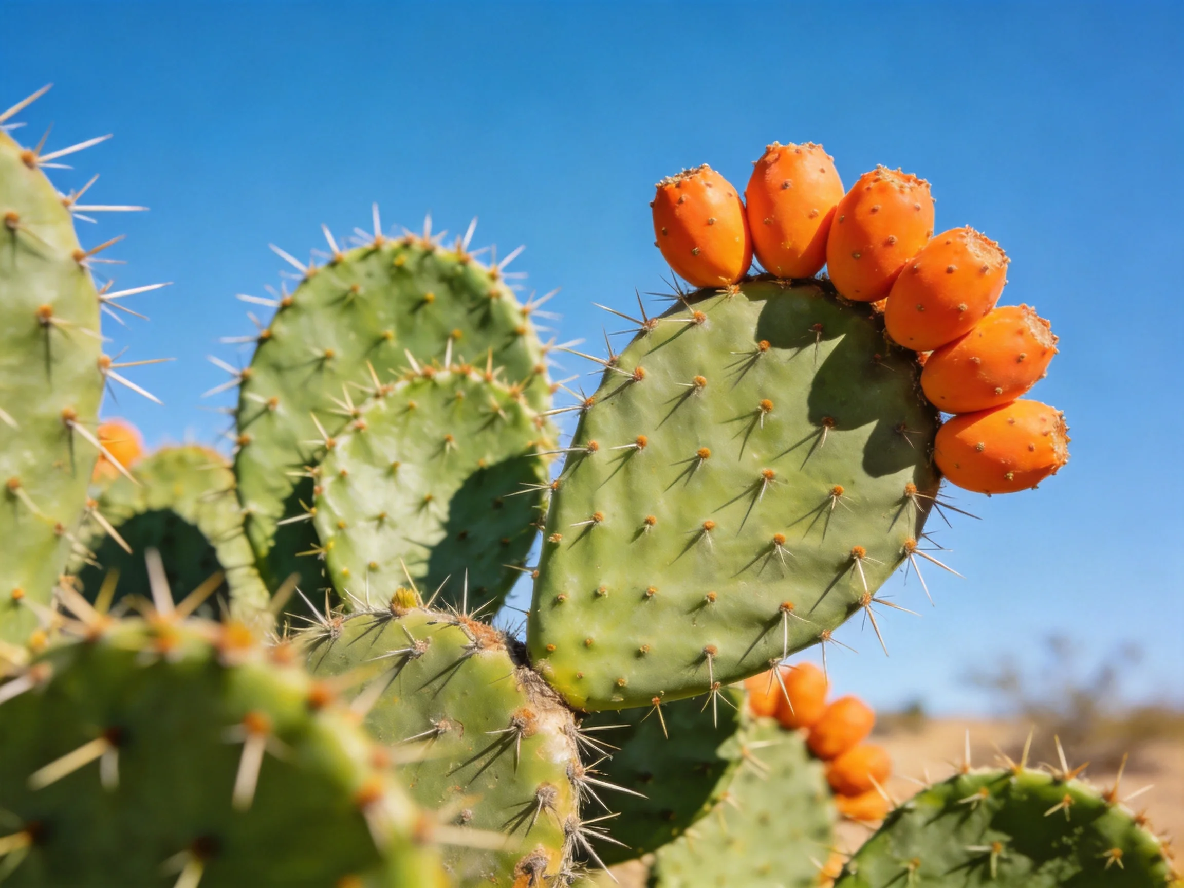 A prickly cactus bears vibrant orange fruits under a clear blue sky