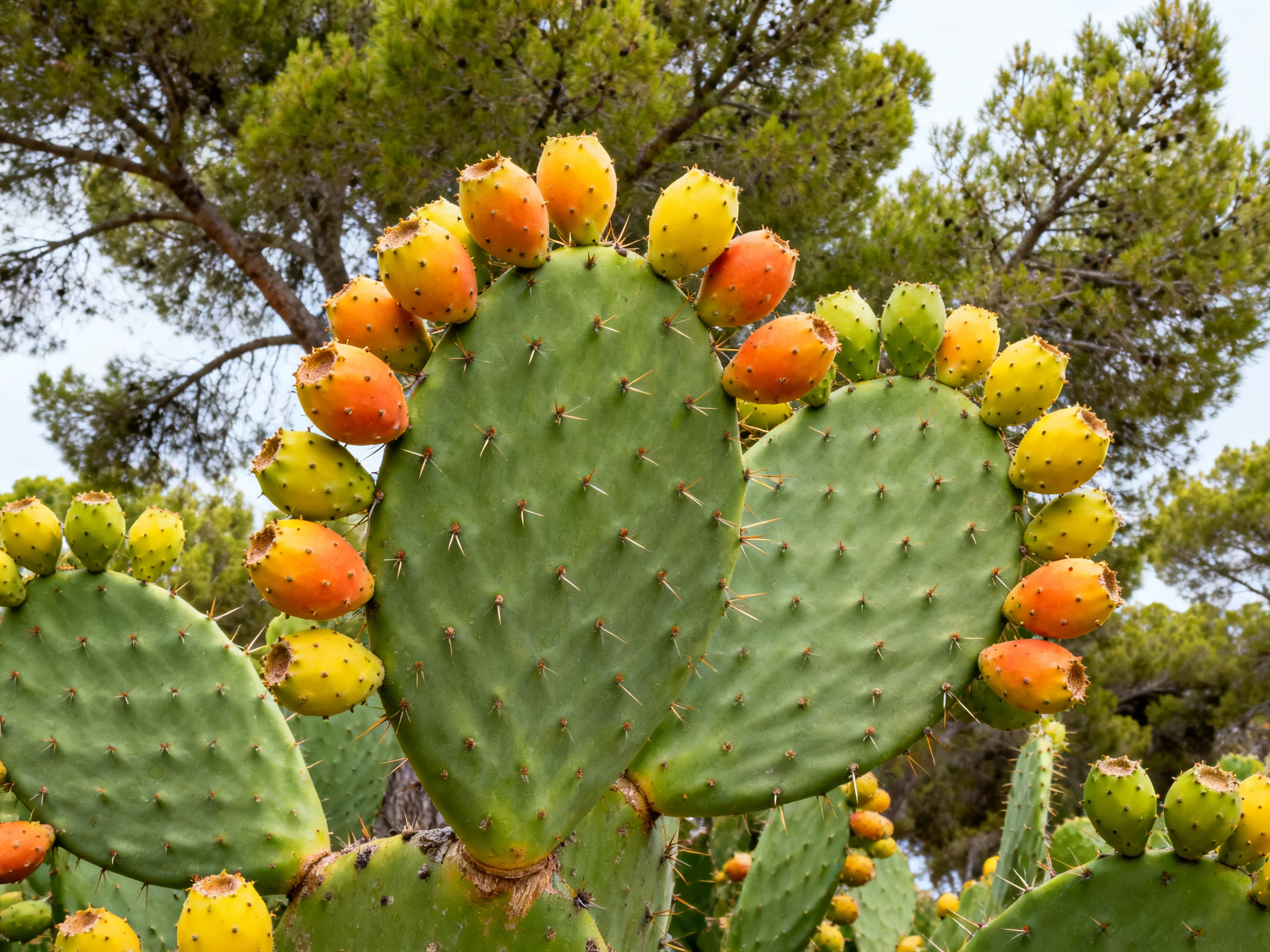 A prickly pear cactus bearing vibrant orange and yellow fruits