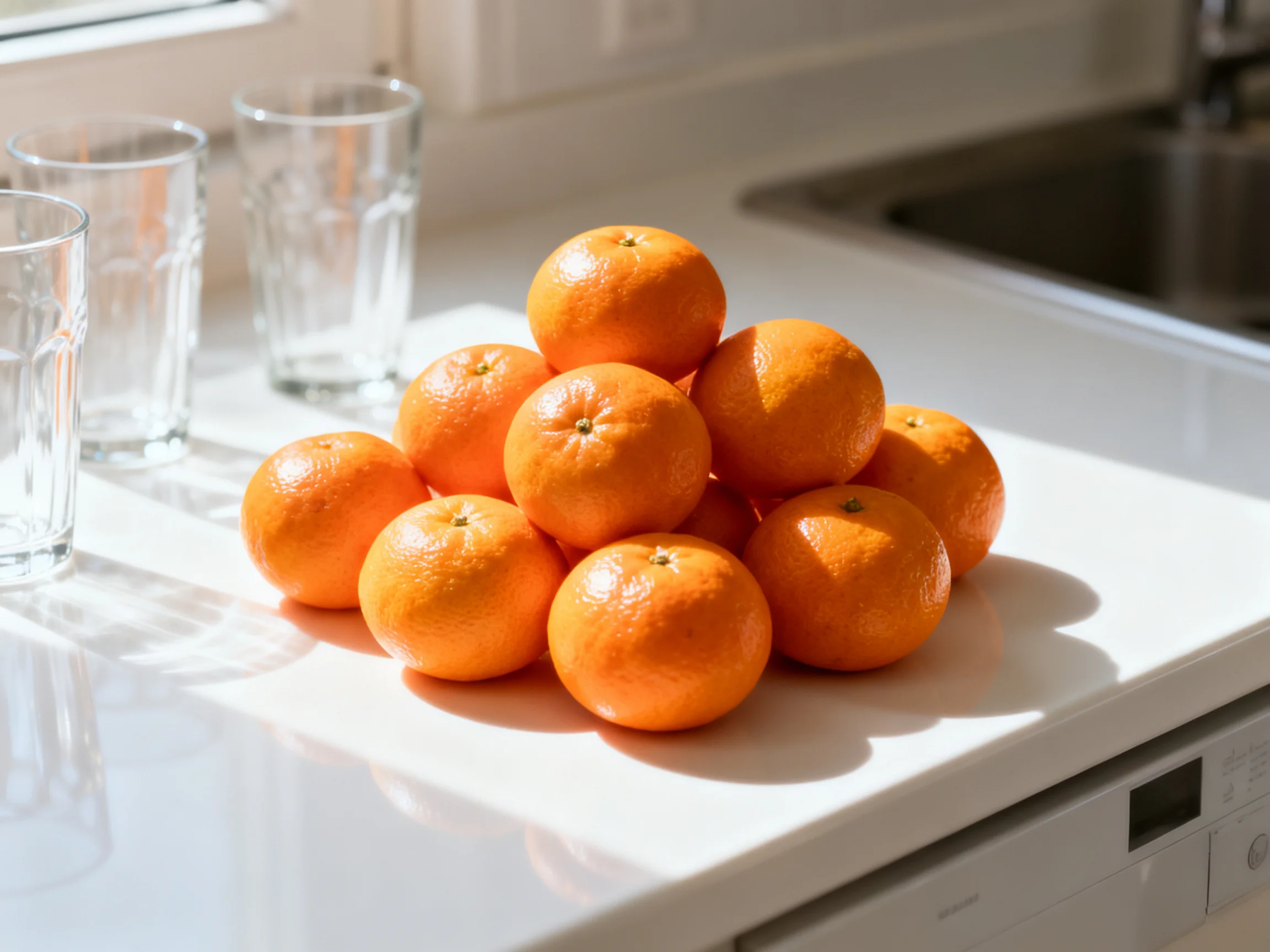 A pyramid of bright orange citrus fruits beside clear glasses on a white countertop