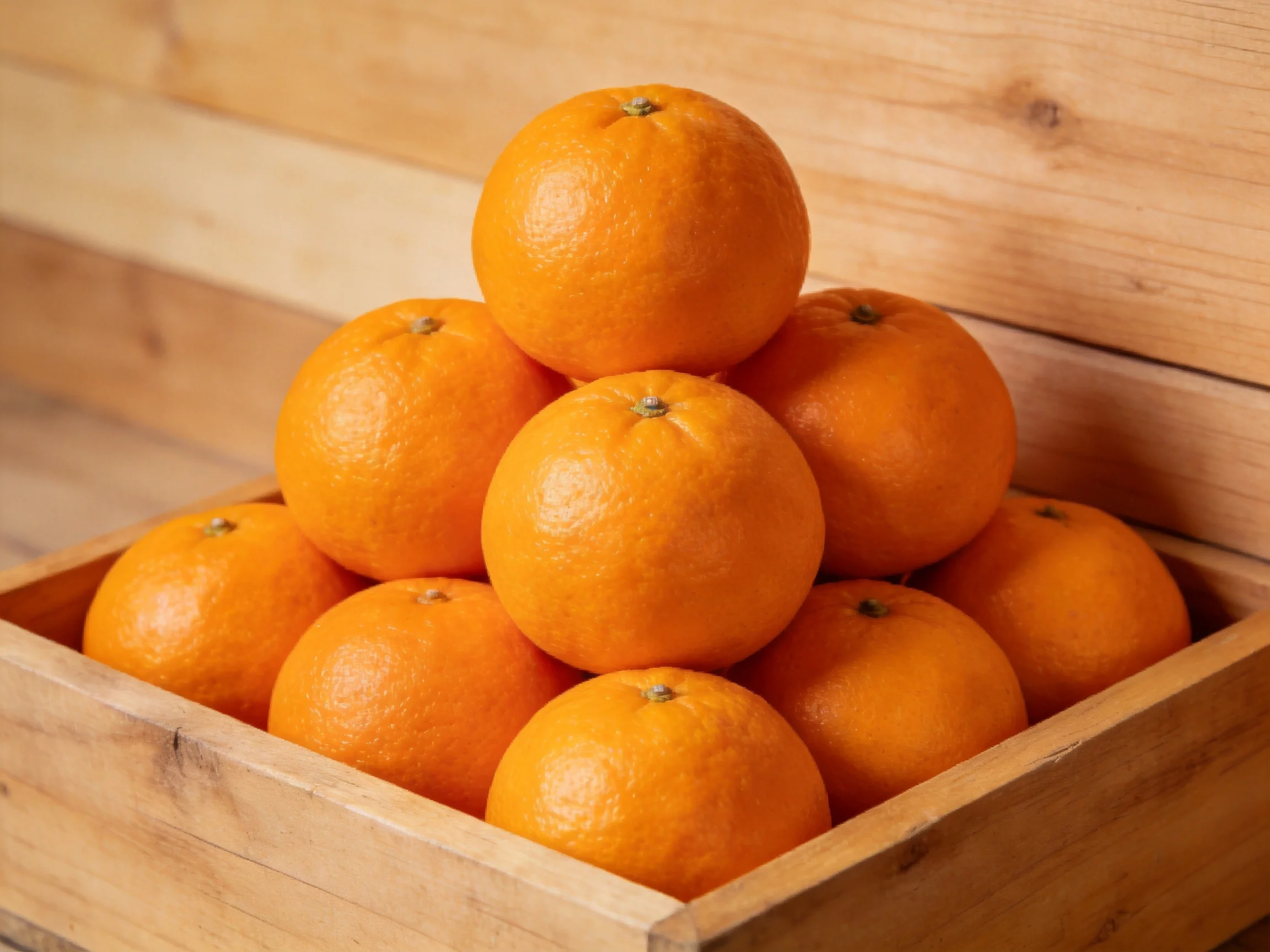 A pyramid of bright orange citrus fruits in a wooden crate