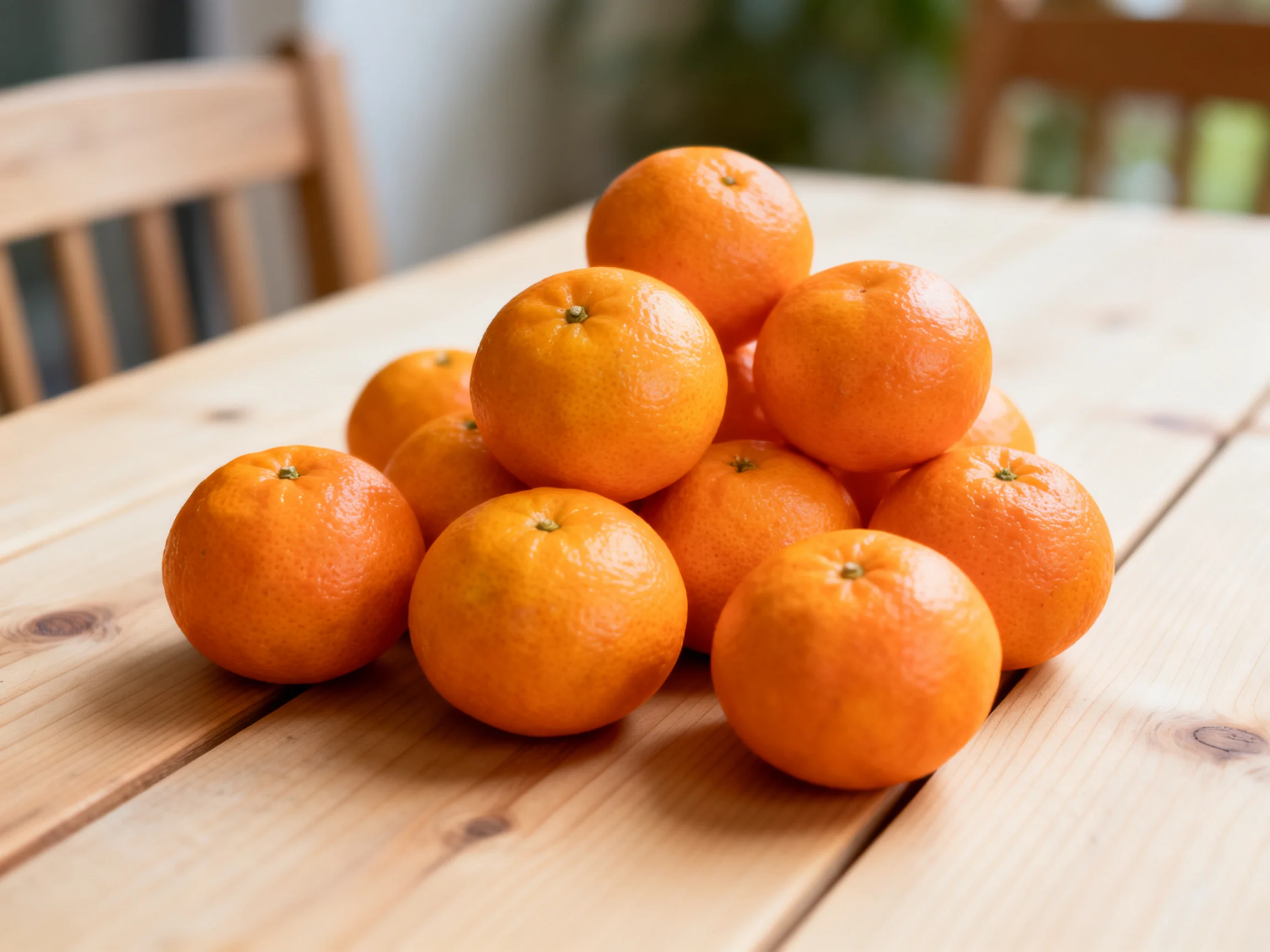 A pyramid of bright orange citrus fruits on a wooden table