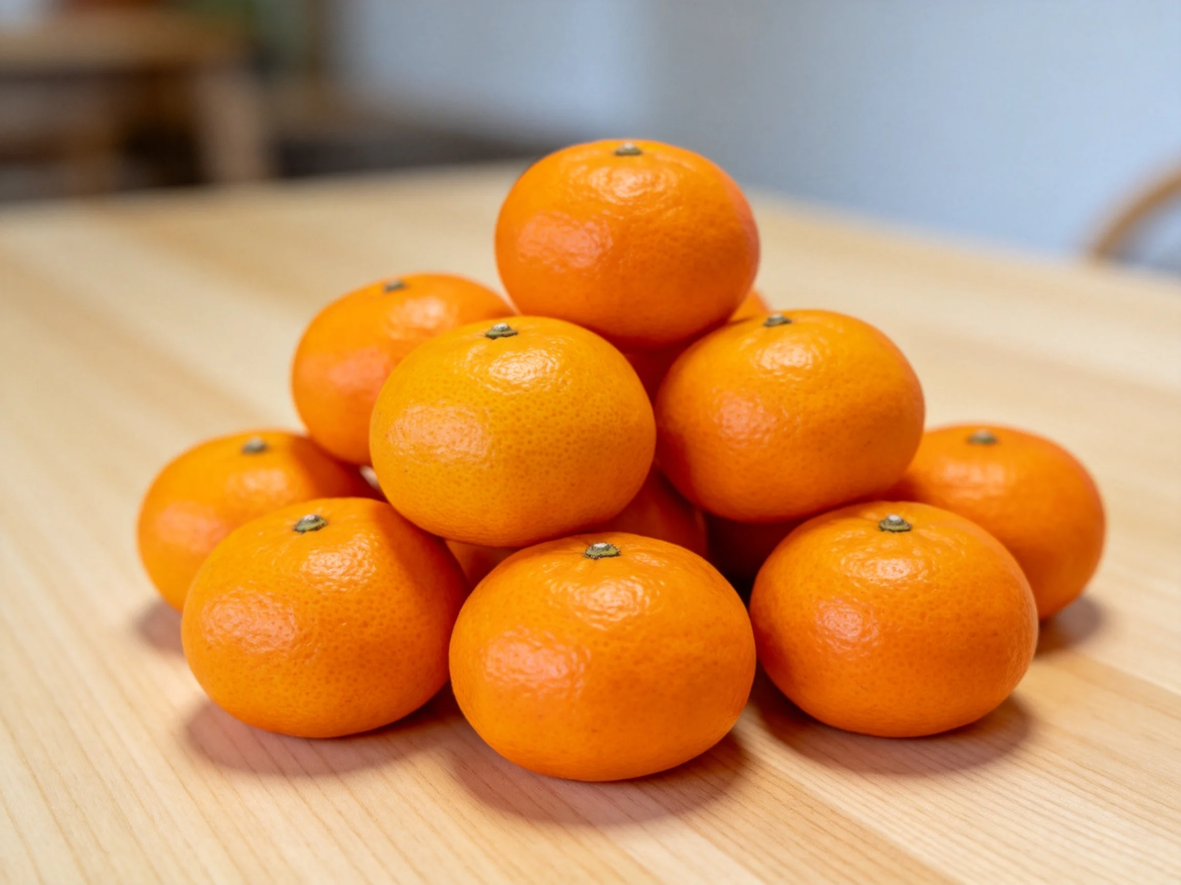 A pyramid of bright orange citrus fruits on a wooden table