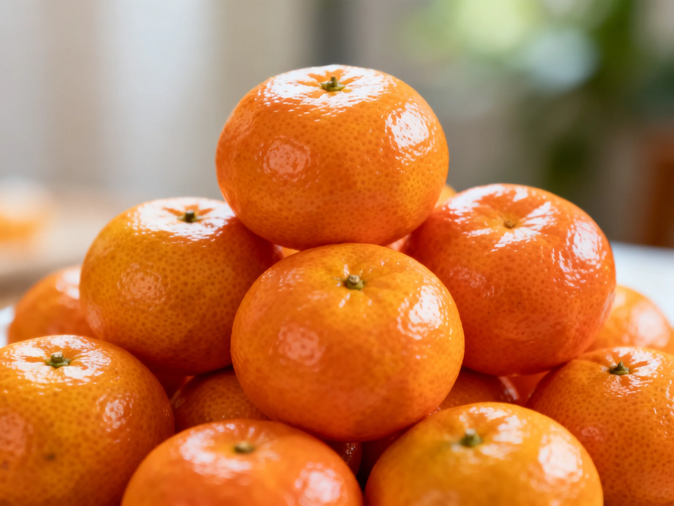 A pyramid of bright orange citrus fruits stacked closely together