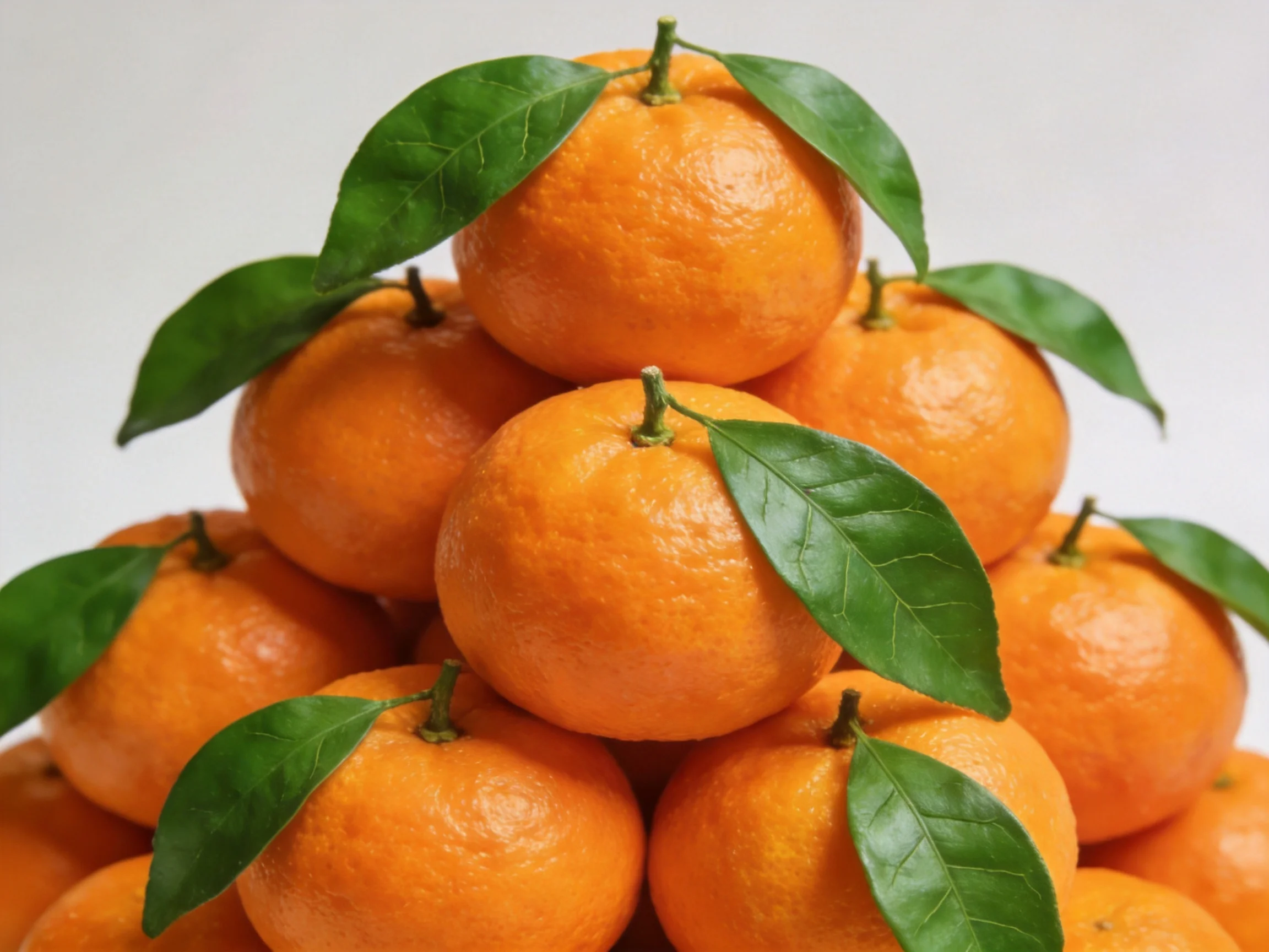 A pyramid of bright orange citrus fruits with fresh green leaves