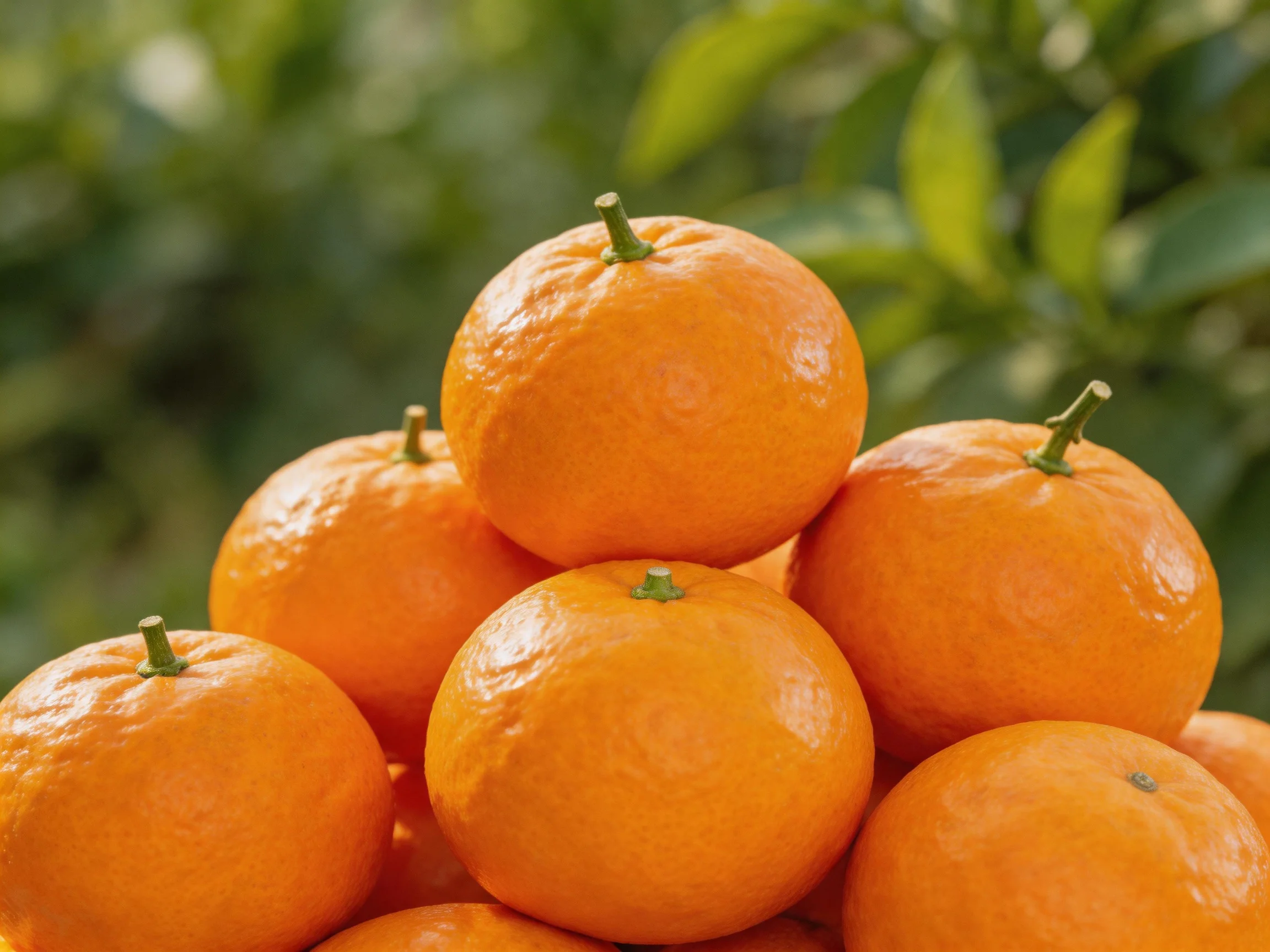 A pyramid of bright orange citrus fruits with green foliage