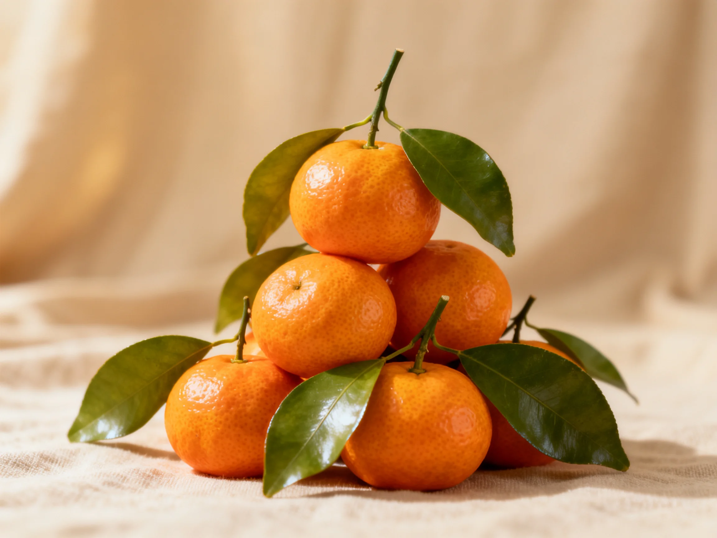 A pyramid of bright orange mandarins with glossy green leaves