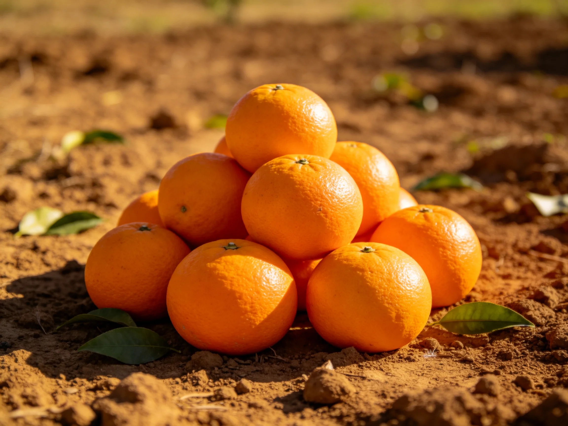 A pyramid of bright oranges arranged on reddish-brown soil