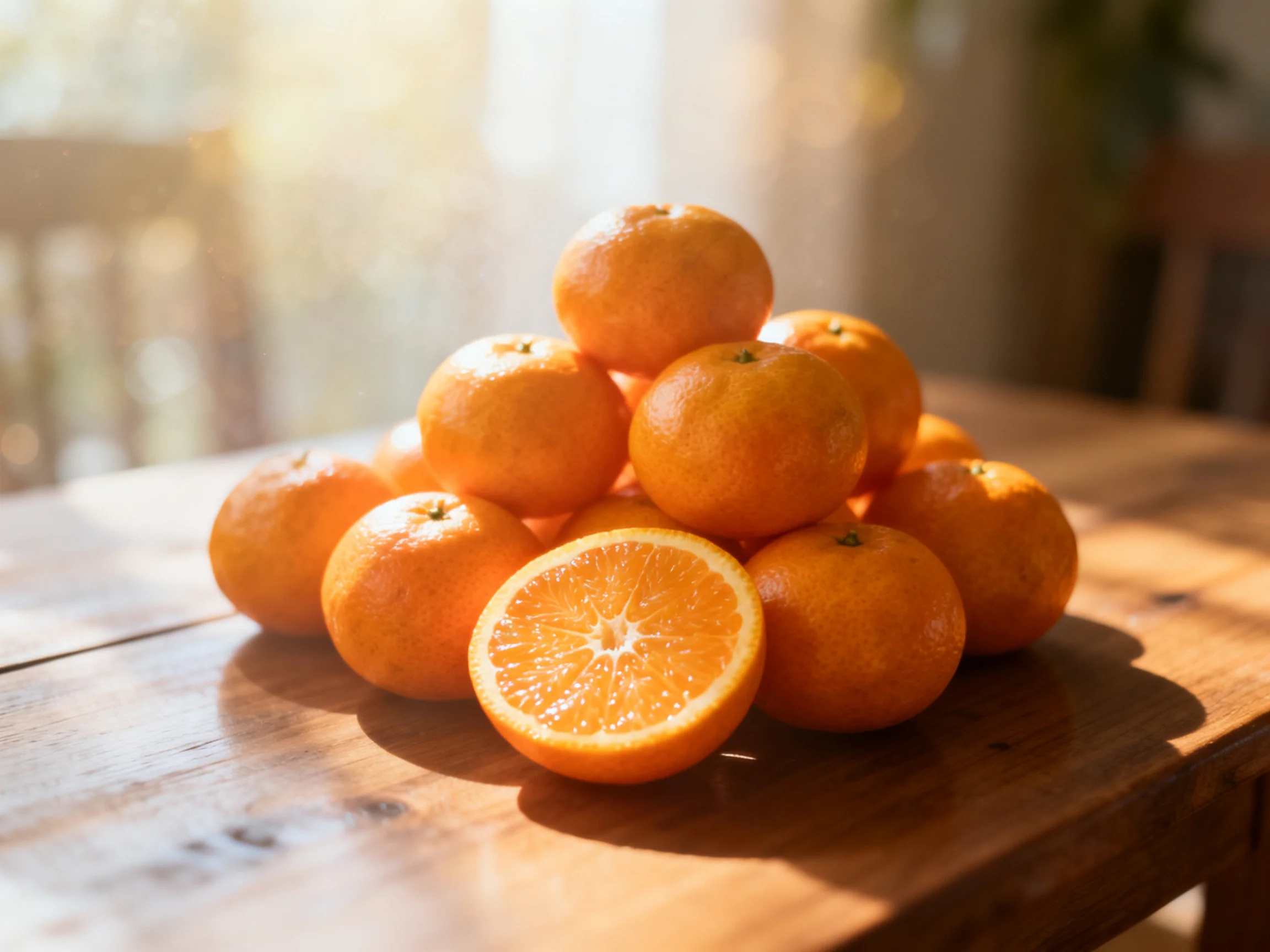 A pyramid of bright oranges stacked on a wooden table