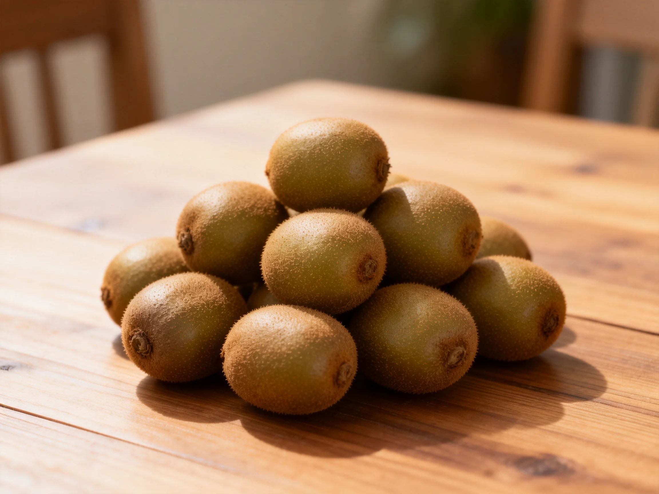 A pyramid of brown fuzzy kiwis arranged on a wooden table