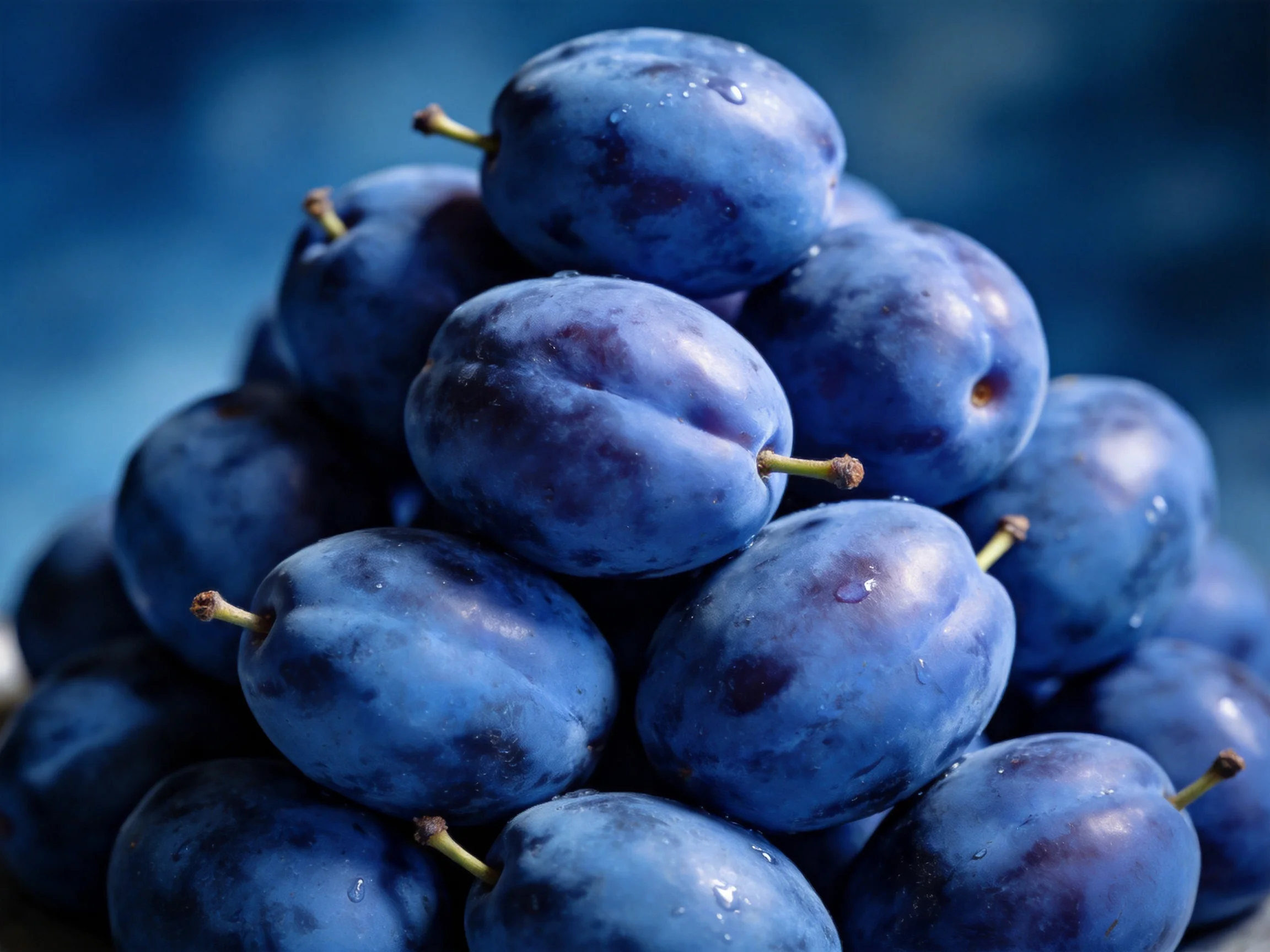 A pyramid of deep blue-purple plums with water droplets