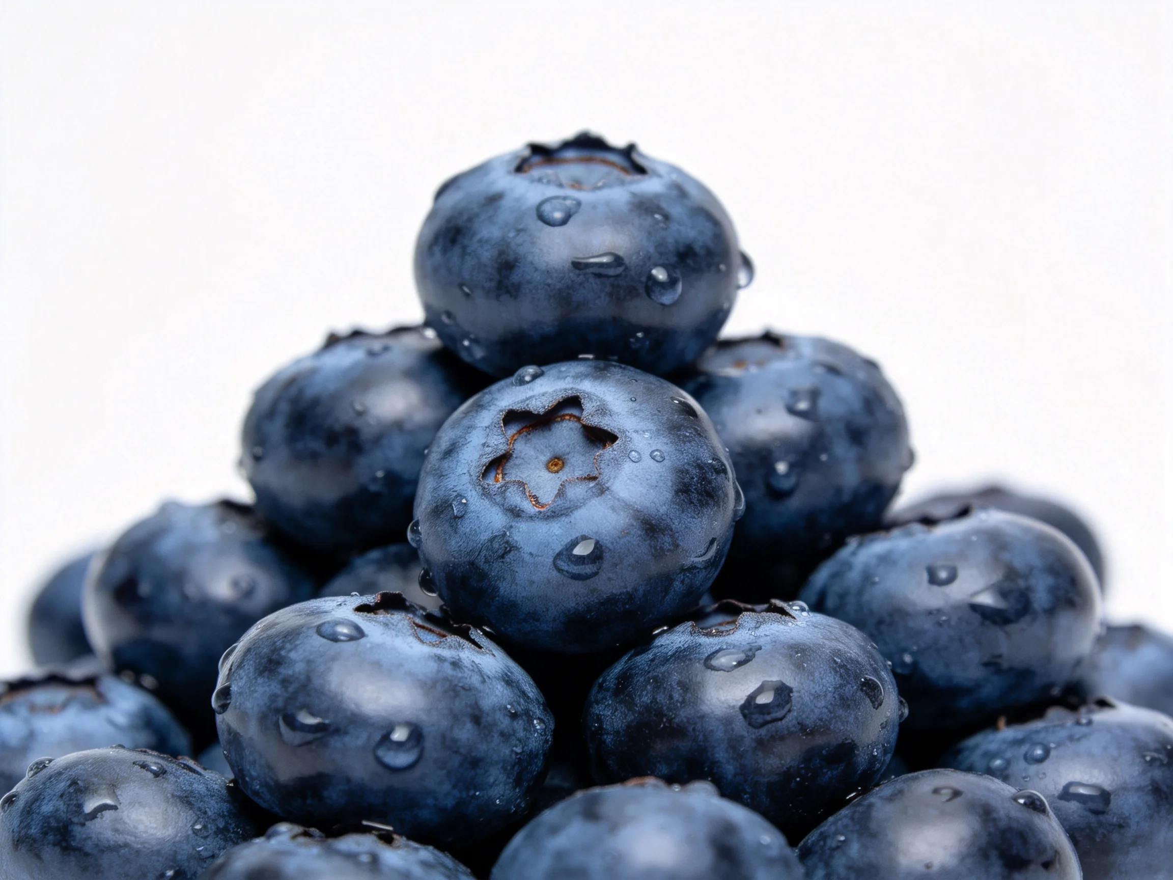A pyramid of fresh blueberries with glistening water droplets