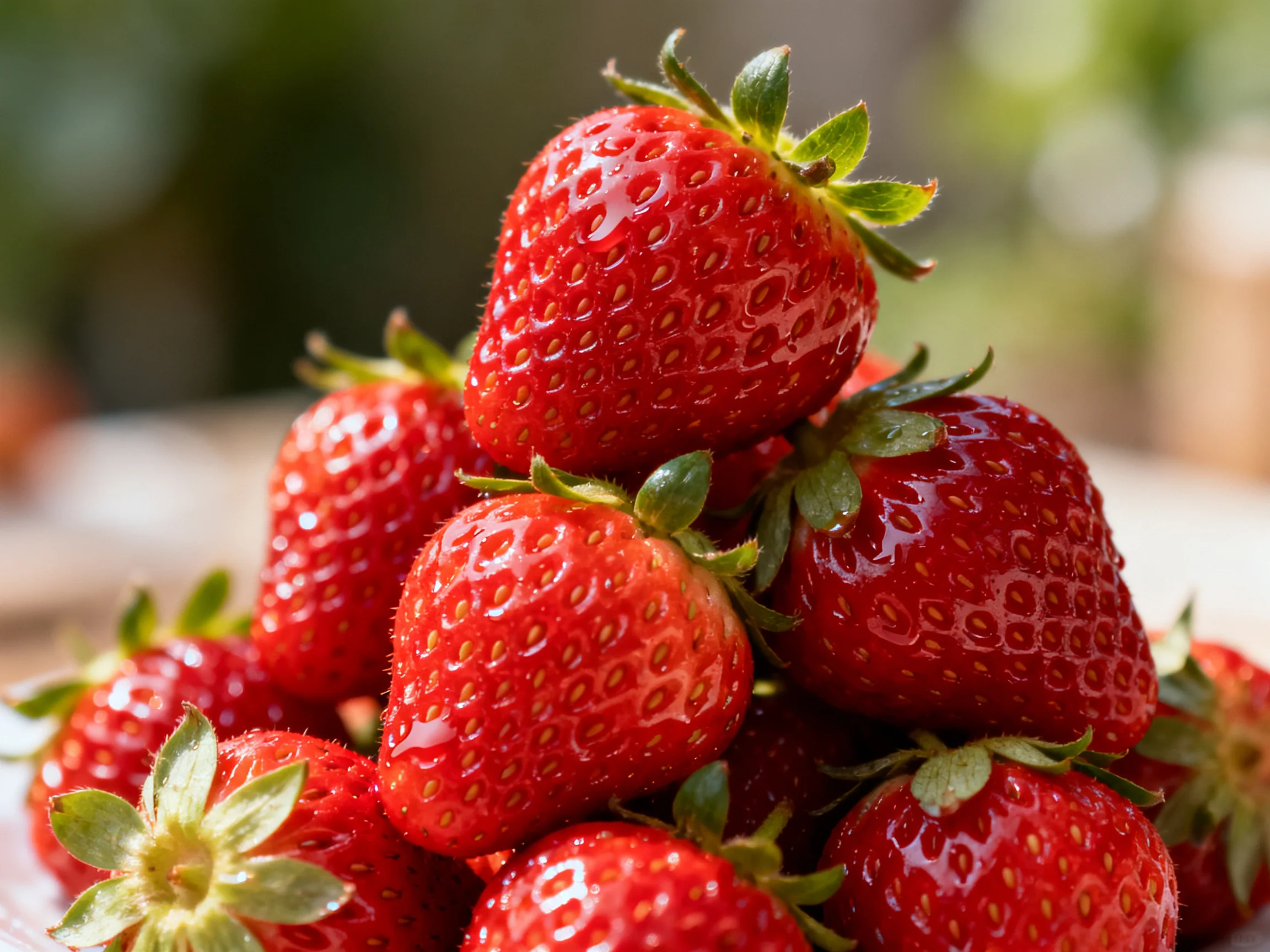 A pyramid of fresh, bright red strawberries