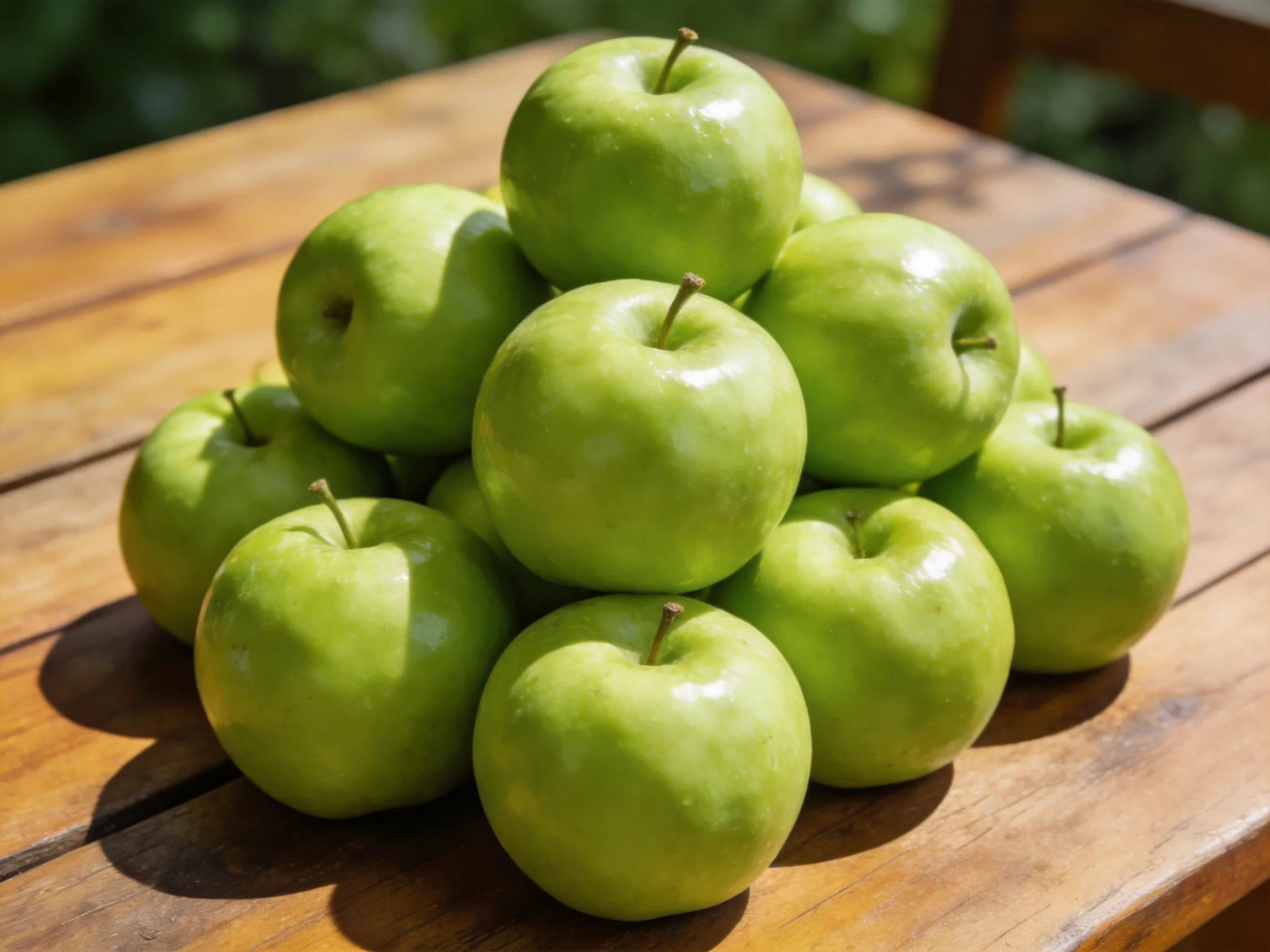 A pyramid of fresh green apples arranged on a wooden table outdoors