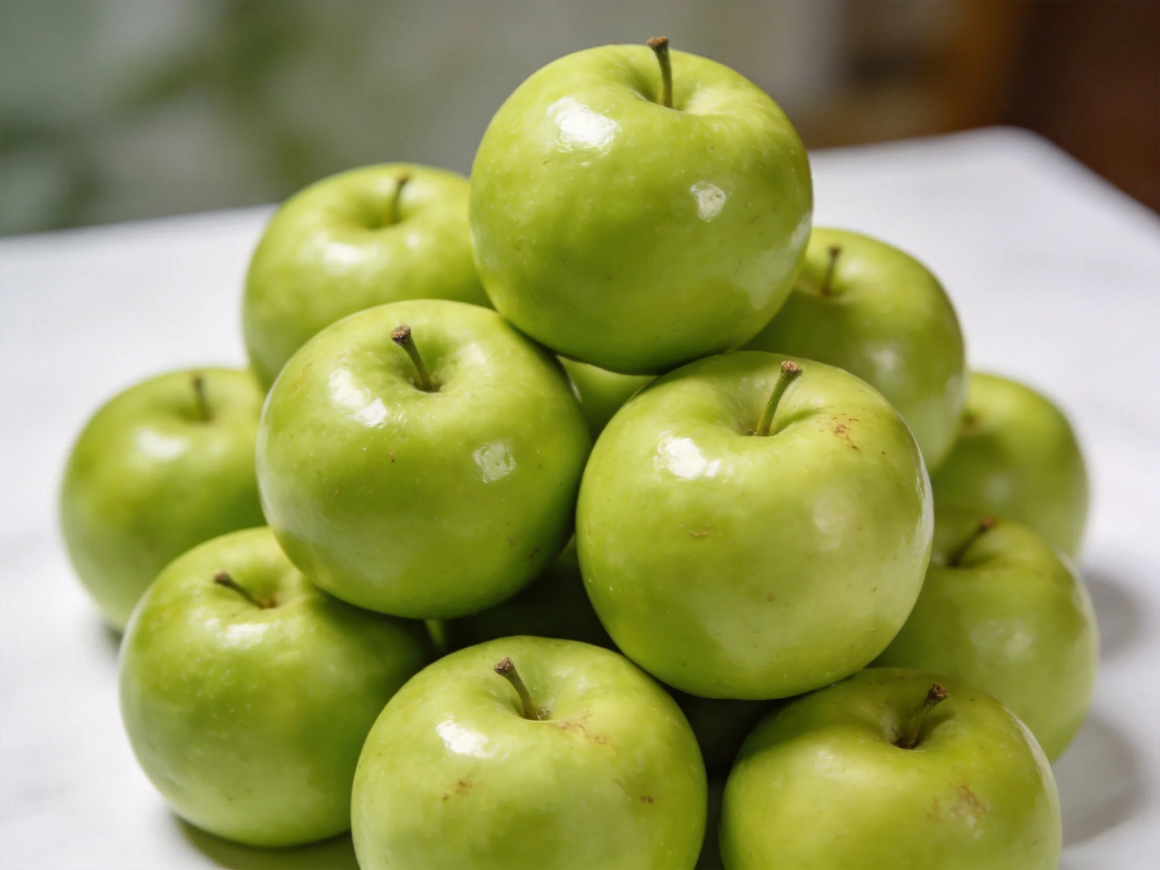 A pyramid of fresh green apples stacked on a white surface