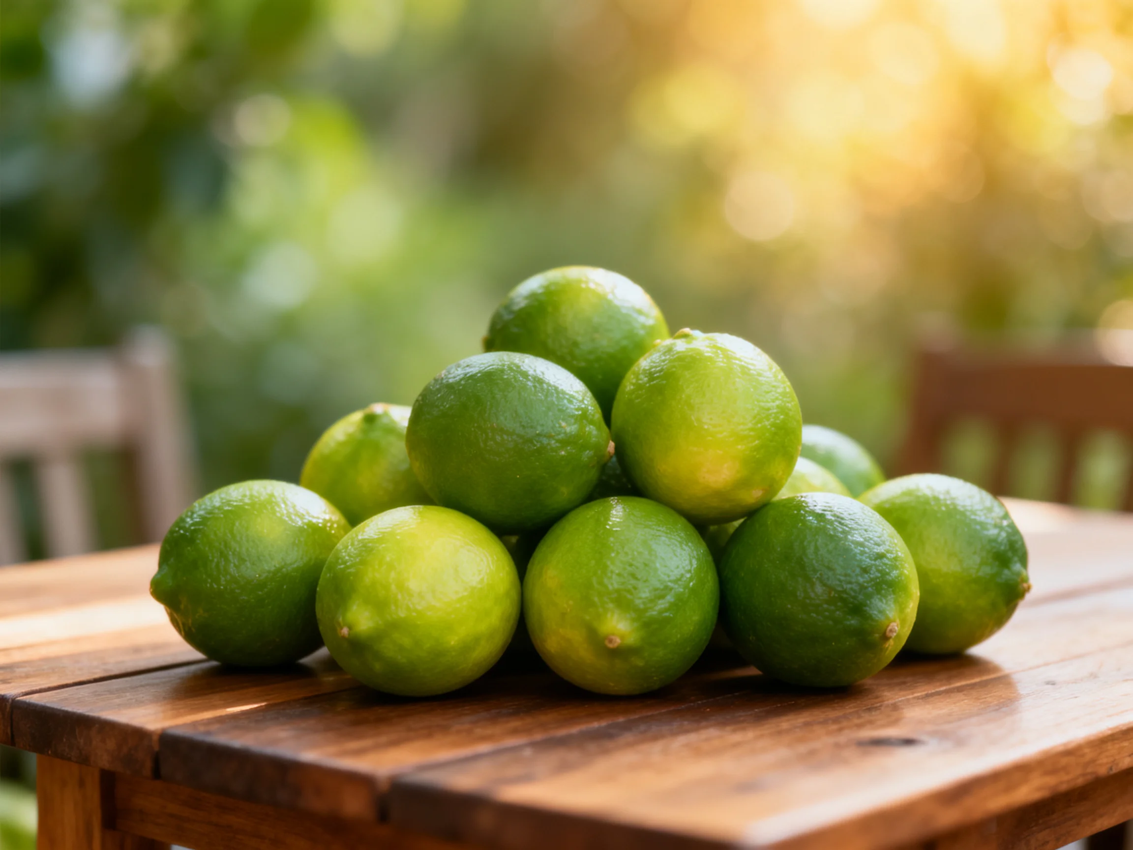 A pyramid of fresh green limes on a wooden table in an outdoor space