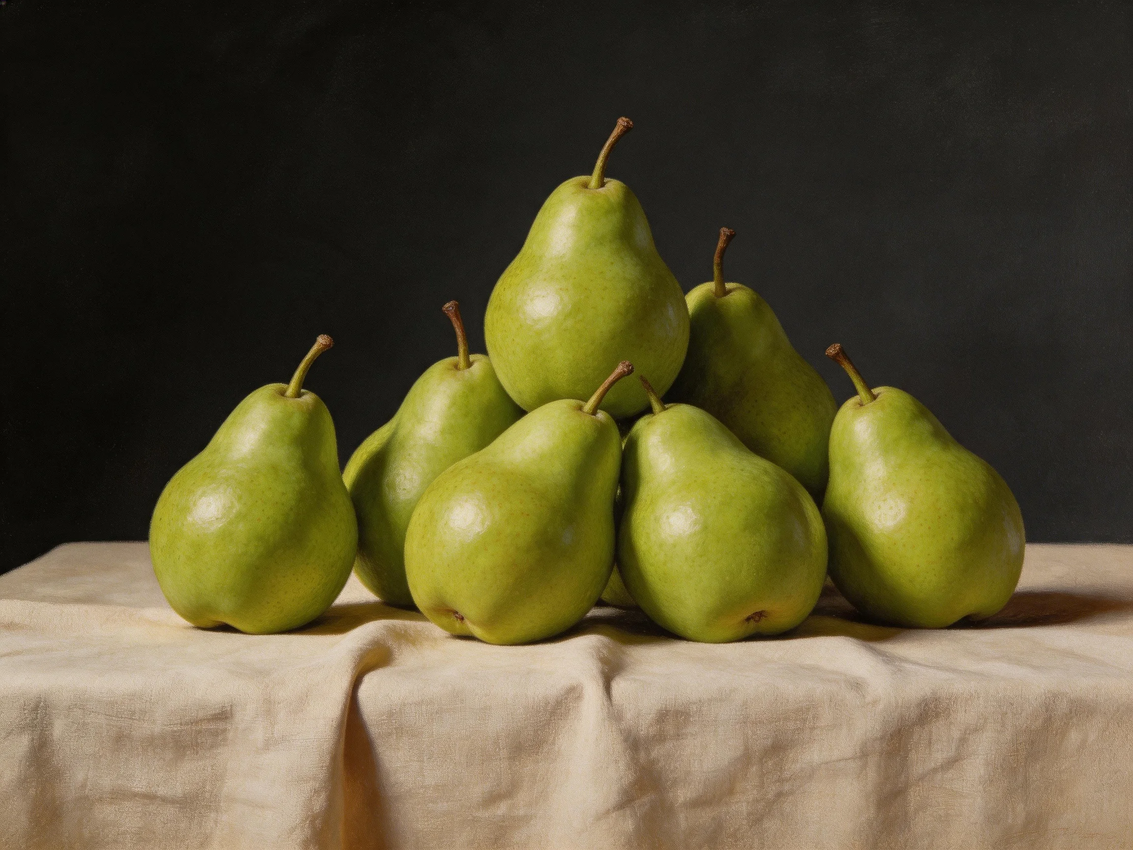 A pyramid of fresh green pears arranged on a beige cloth
