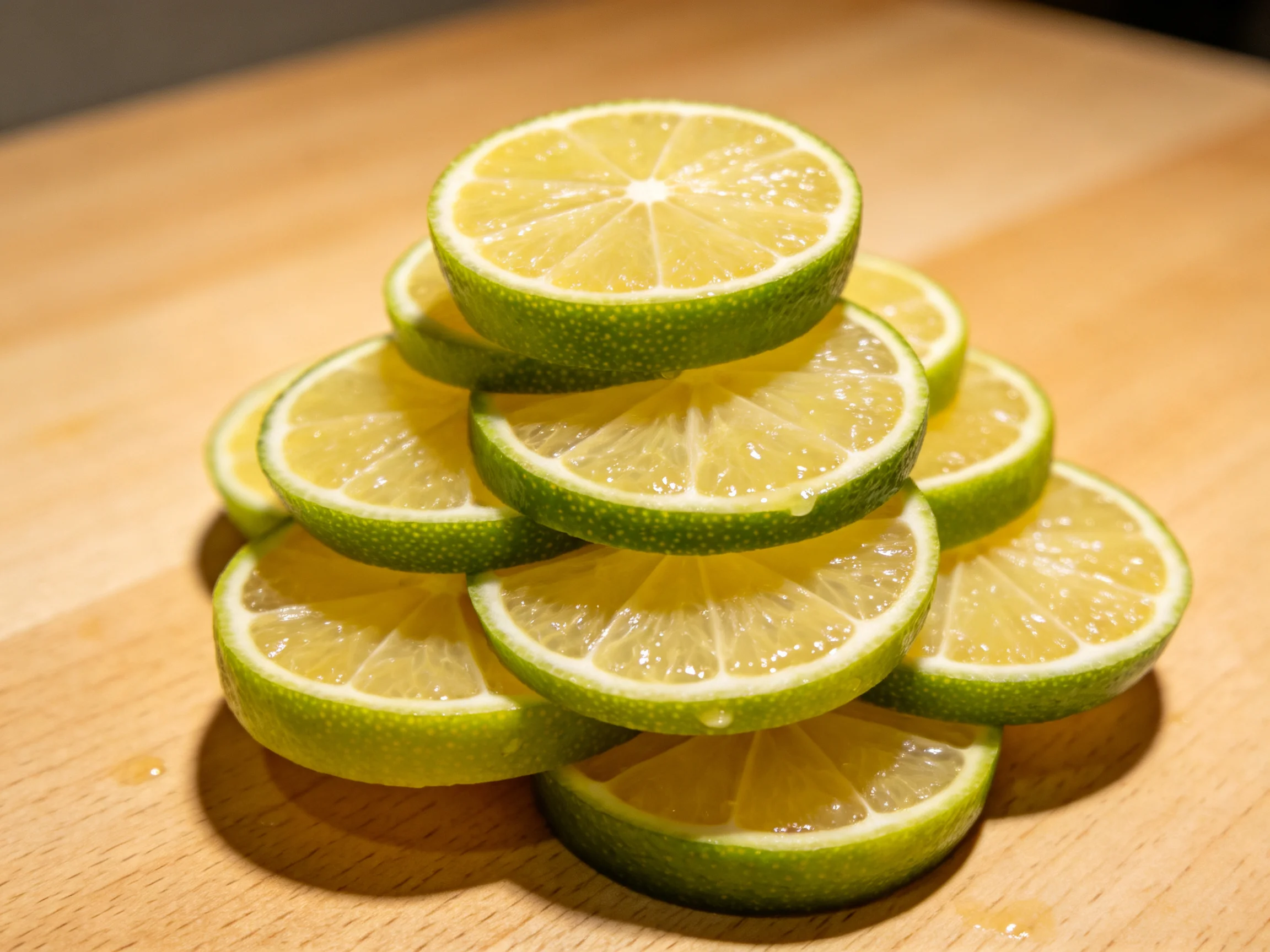 A pyramid of fresh lime slices with green exteriors on a wooden board.