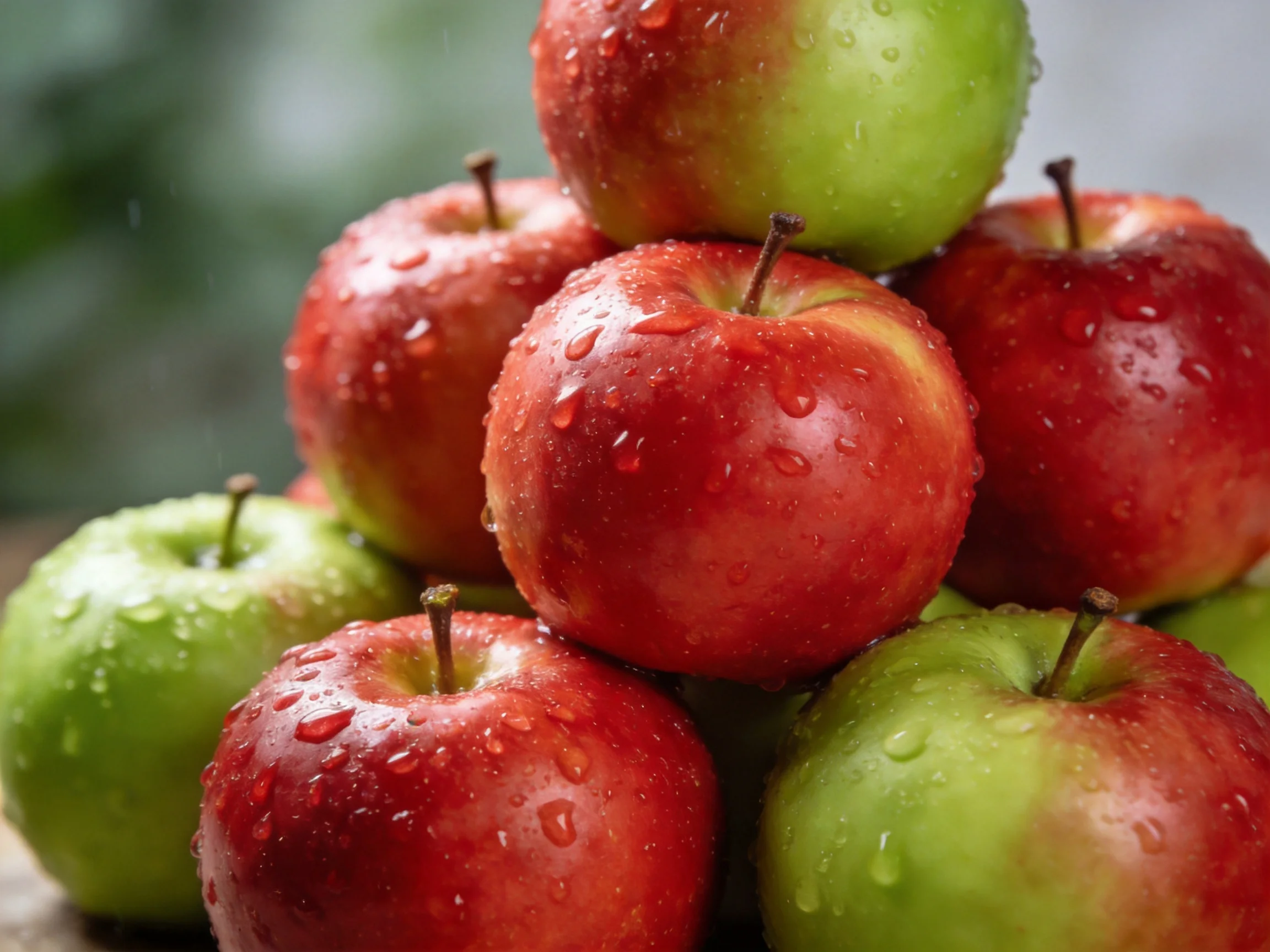 A pyramid of fresh red and green apples with water droplets