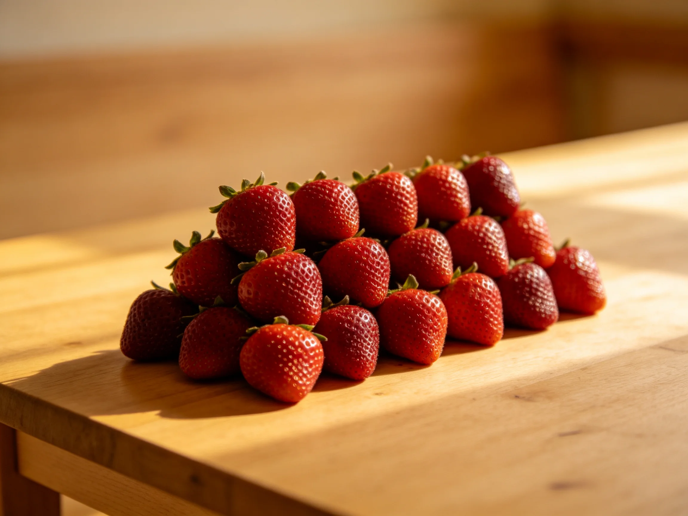 A pyramid of fresh red strawberries on a wooden table